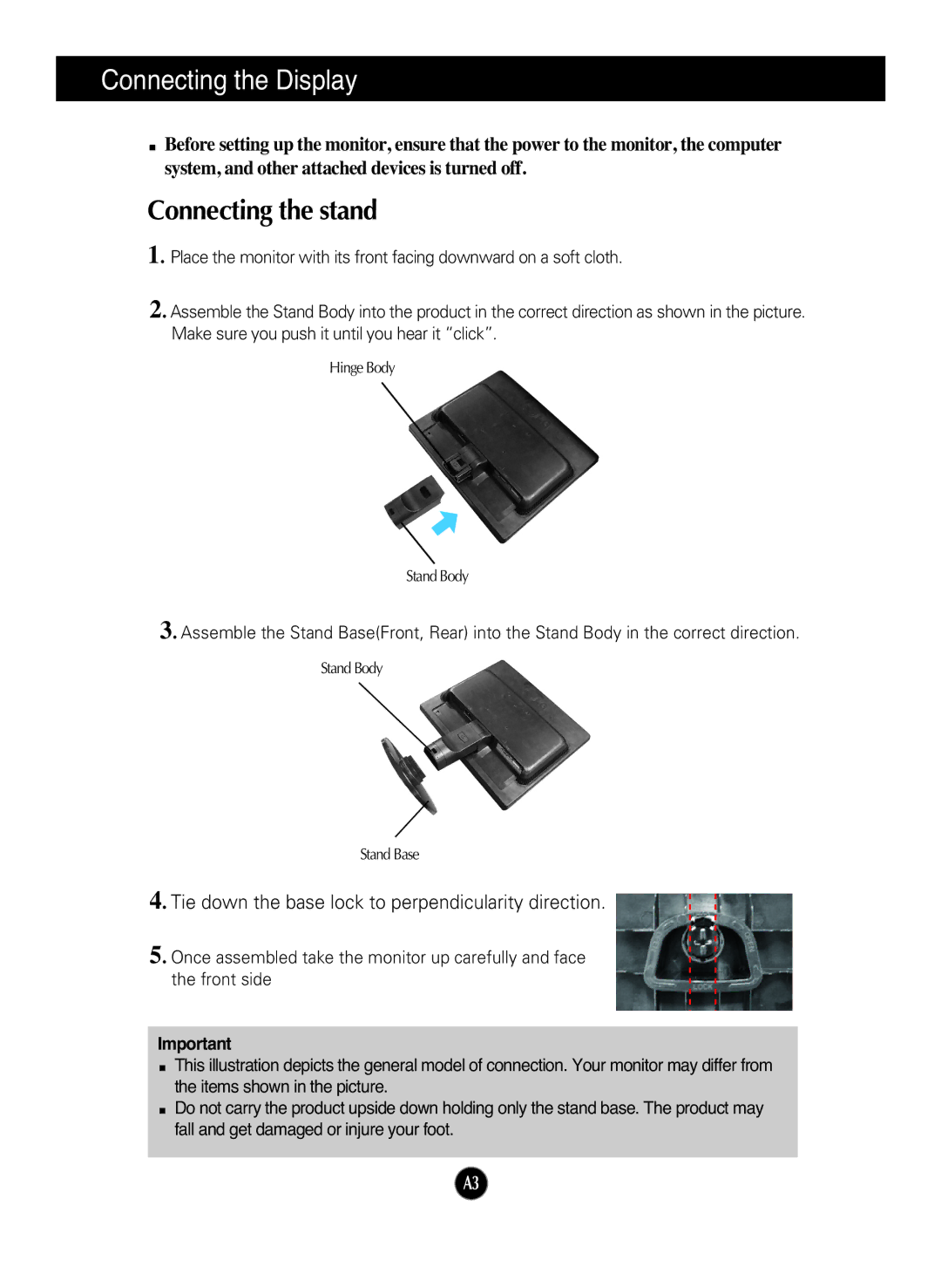 LG Electronics L1742TQ, L1942TQ manual Connecting the Display, Connecting the stand 