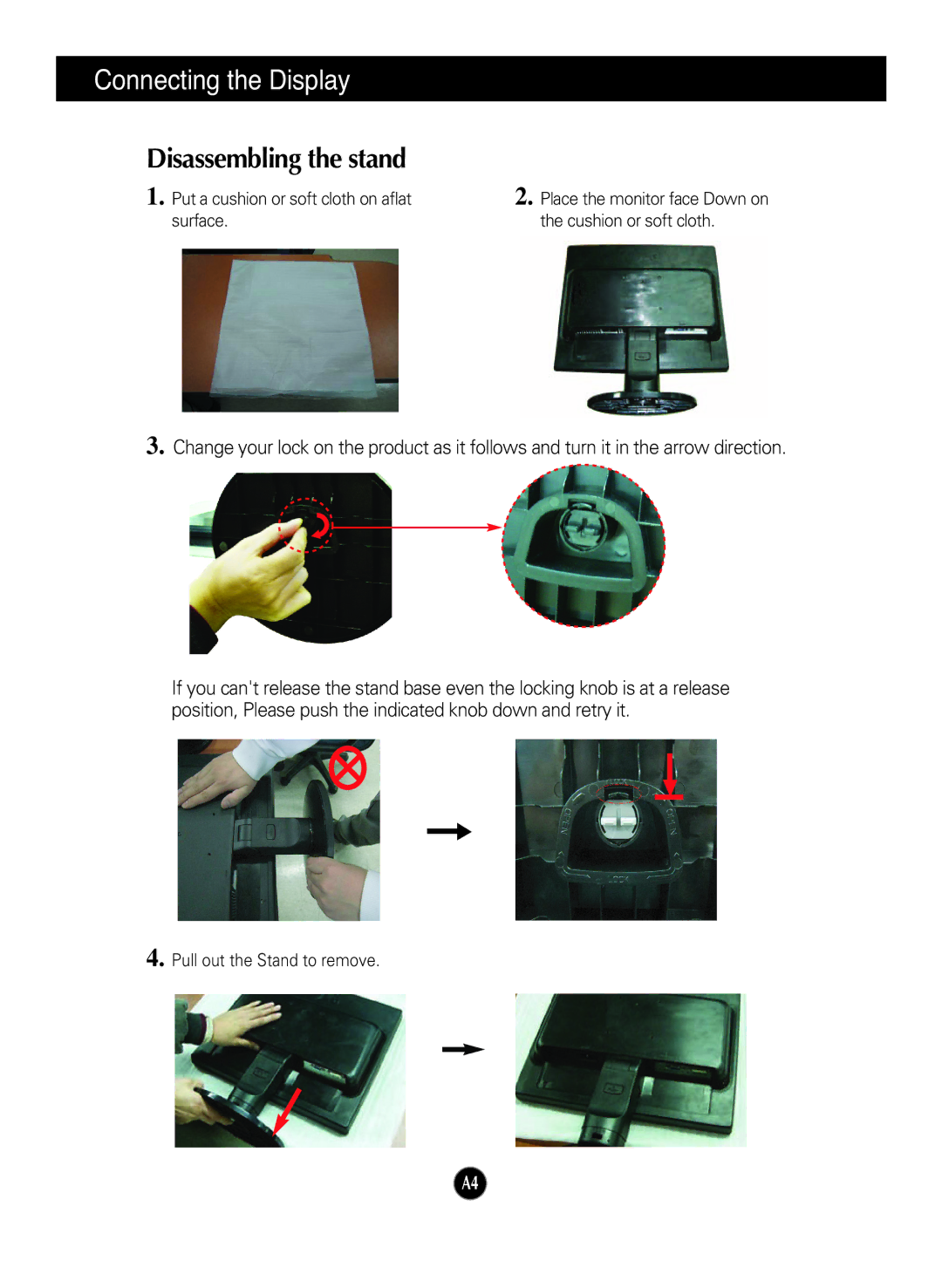 LG Electronics L1742TQ, L1942TQ manual Disassembling the stand 