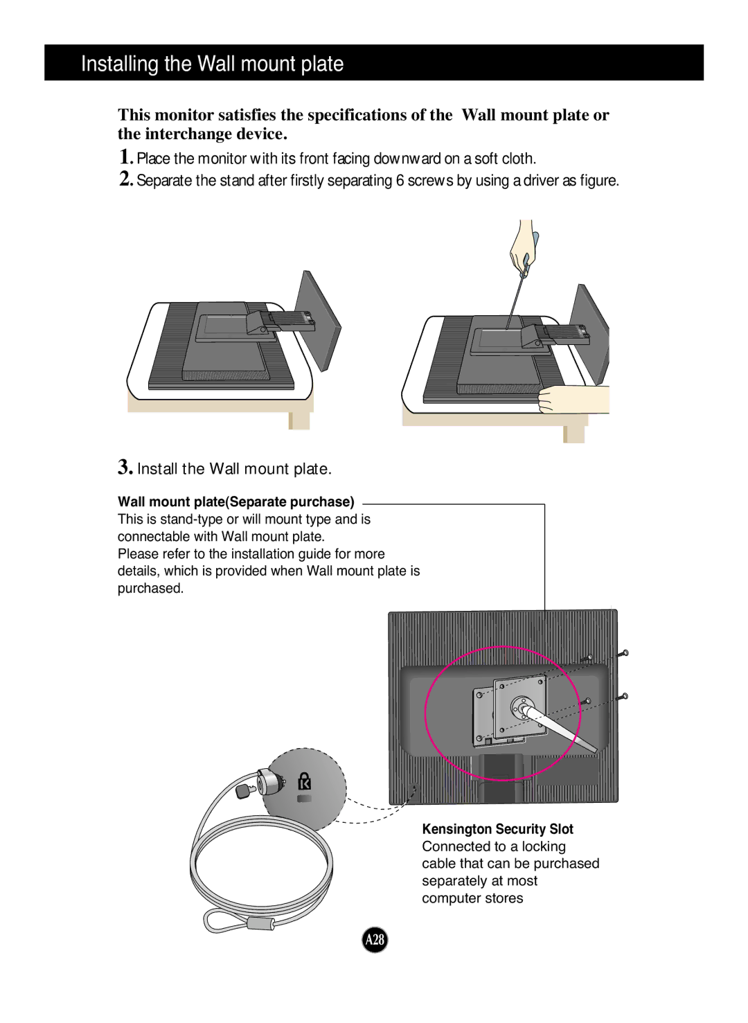 LG Electronics L1753HM manual Installing the Wall mount plate, Wall mount plateSeparate purchase, Kensington Security Slot 