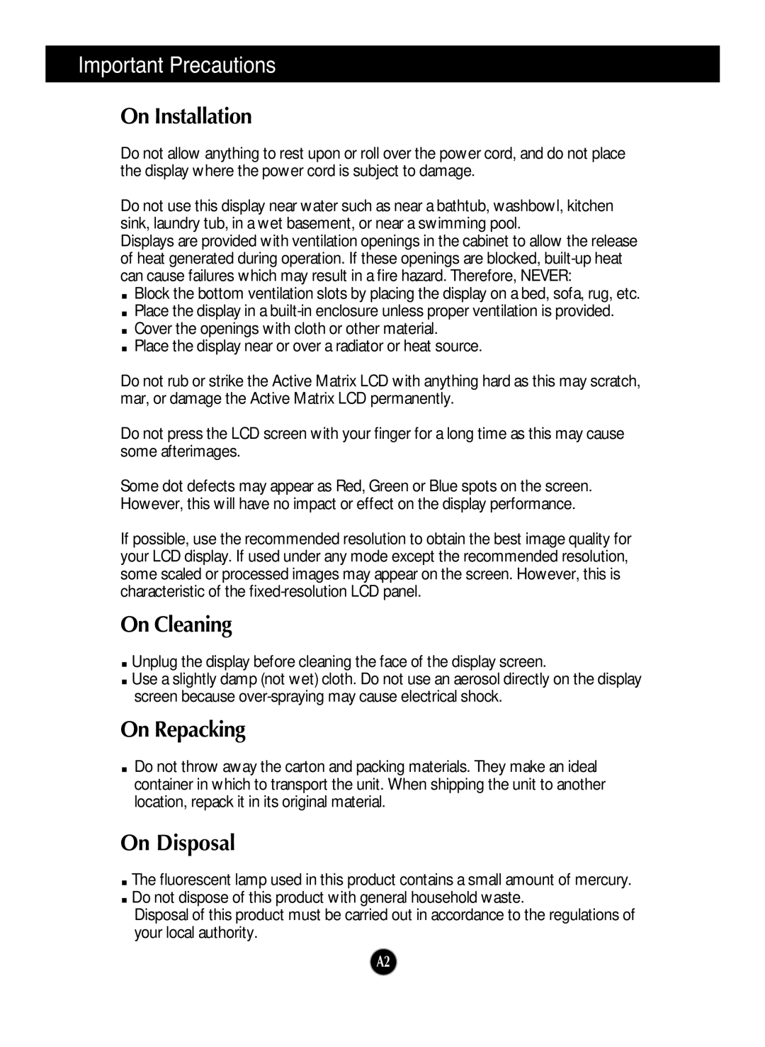 LG Electronics L1953HR, L1953HM, L1753HR, L1753HM manual On Installation, On Cleaning, On Repacking, On Disposal 