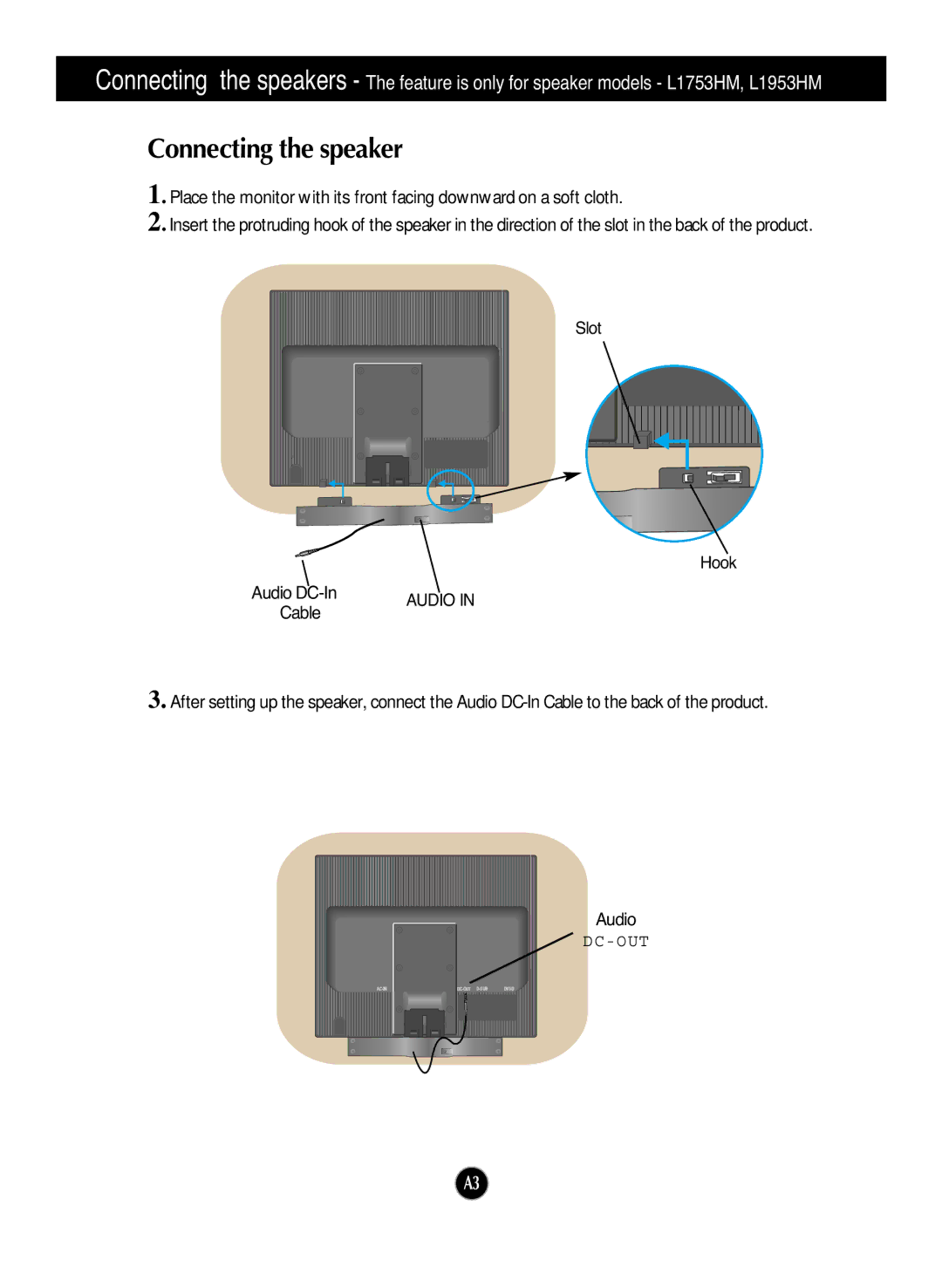 LG Electronics L1753HR, L1953HM, L1953HR, L1753HM manual Connecting the speaker 