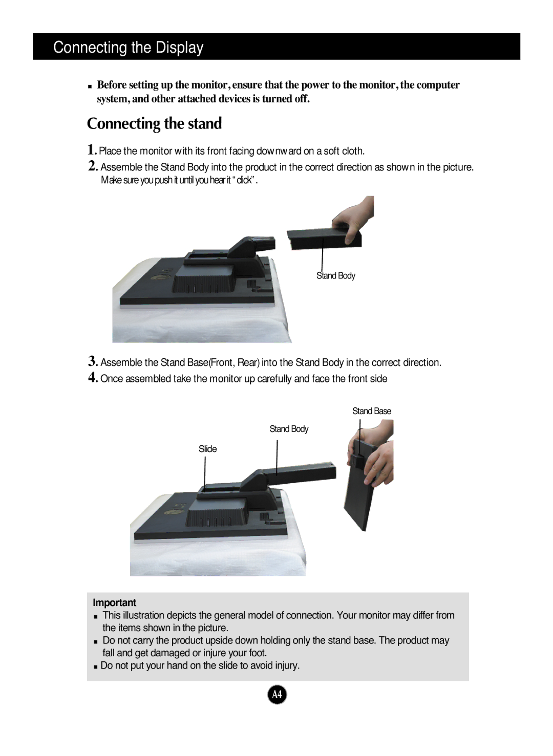 LG Electronics L1753HM, L1953HM, L1953HR, L1753HR manual Connecting the Display, Connecting the stand 