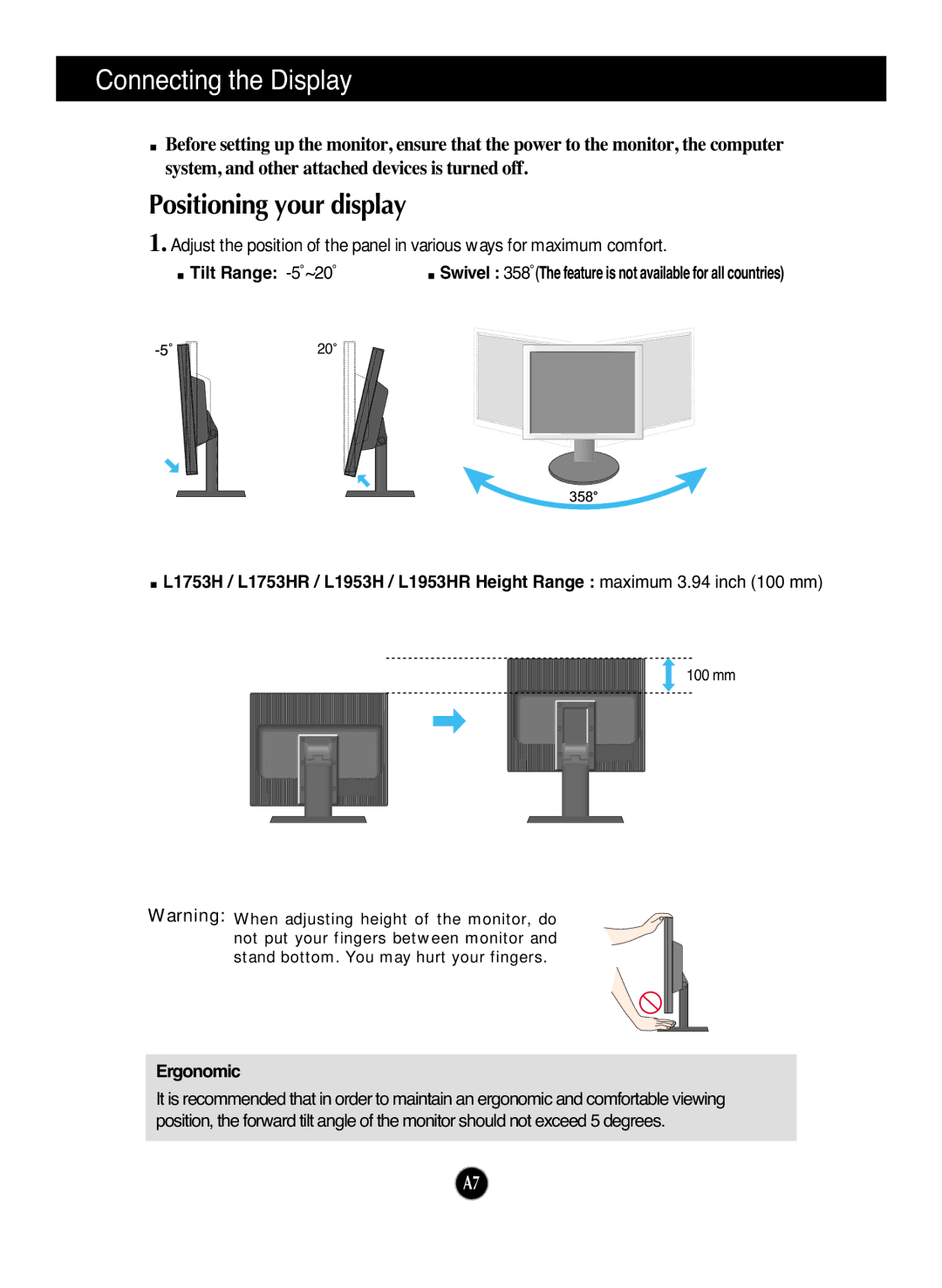 LG Electronics L1953HM, L1953HR, L1753HR, L1753HM manual Positioning your display, Tilt Range -5˚~20˚, Ergonomic 