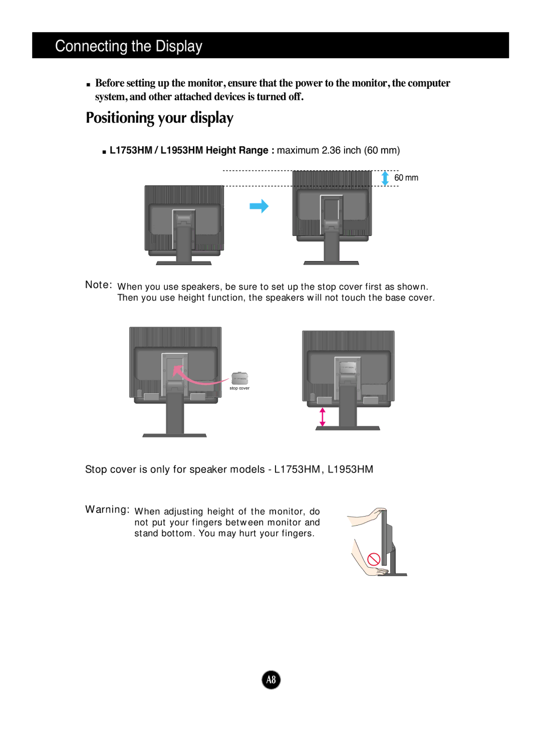 LG Electronics L1953HR, L1753HR manual L1753HM / L1953HM Height Range maximum 2.36 inch 60 mm 