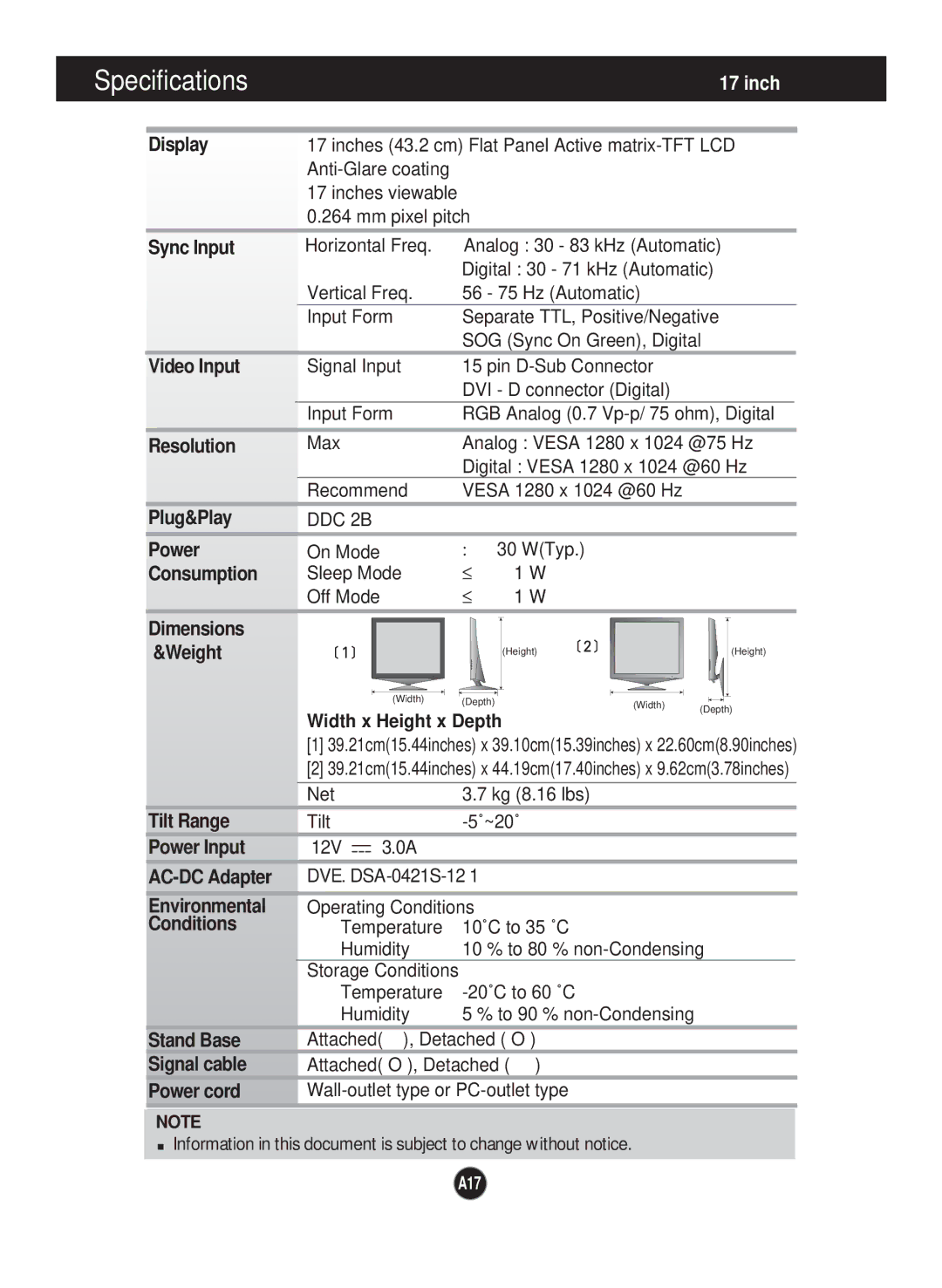 LG Electronics L1960TQ Display, Sync Input, Video Input, Resolution, Plug&Play, Power, Consumption, Dimensions Weight 