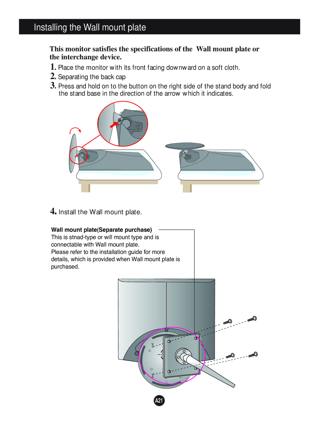 LG Electronics L1760TG, L1760TR, L1760TQ, L1960TR, L1960TQ Installing the Wall mount plate, Wall mount plateSeparate purchase 