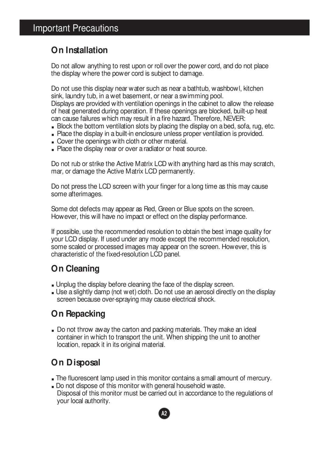 LG Electronics L1960TR, L1760TR, L1760TG, L1760TQ, L1960TQ, L1960TG On Installation, On Cleaning, On Repacking, On Disposal 