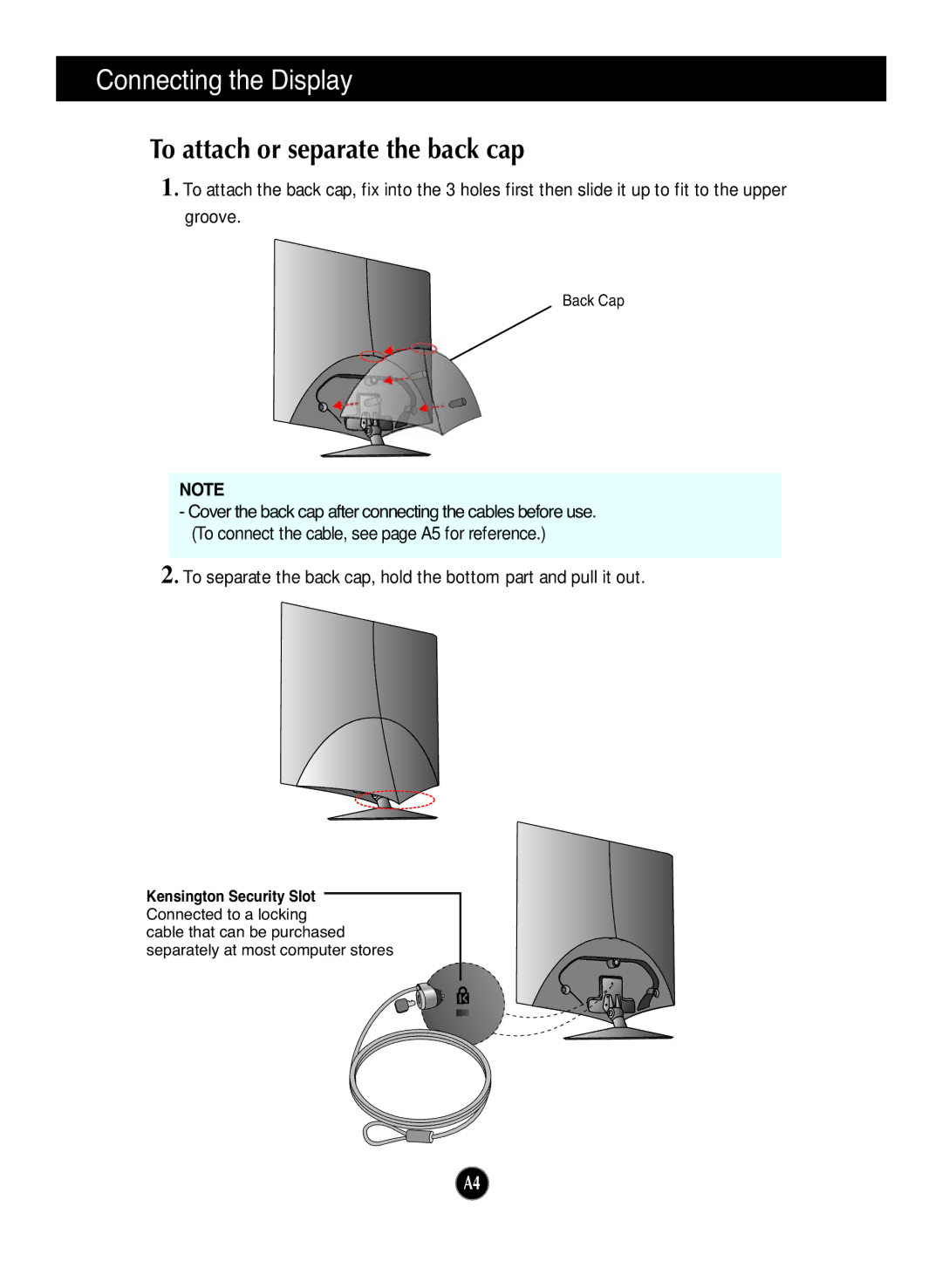 LG Electronics L1960TG, L1760TR, L1760TG, L1760TQ, L1960TR, L1960TQ, L1960TC manual To attach or separate the back cap 