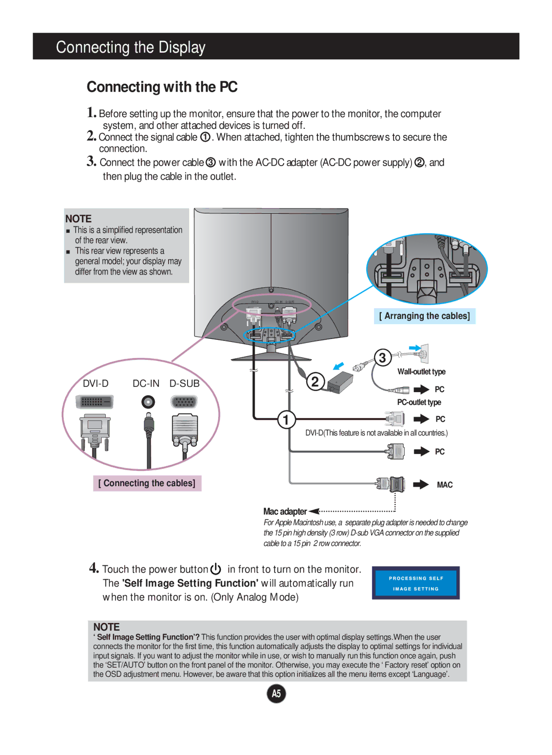 LG Electronics L1960TC, L1760TR, L1760TG, L1760TQ, L1960TR, L1960TQ, L1960TG manual Connecting with the PC, Arranging the cables 