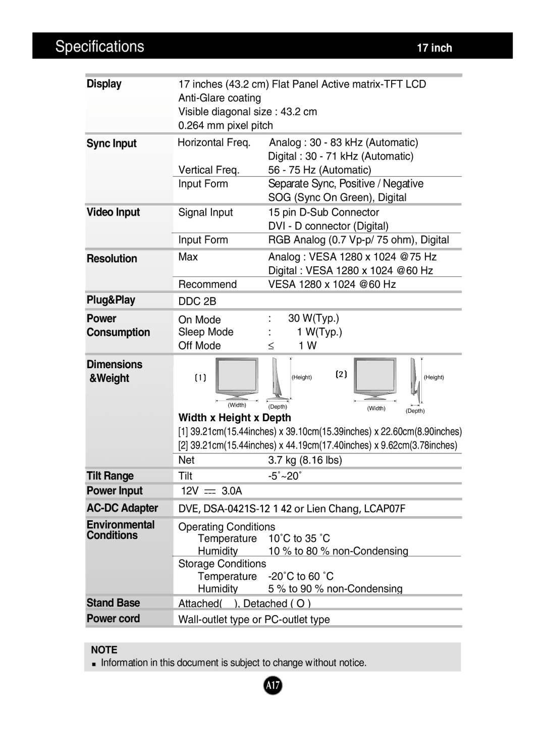 LG Electronics L1960TQ manual Display, Sync Input, Video Input, Resolution, Plug&Play Power, Consumption, Dimensions Weight 