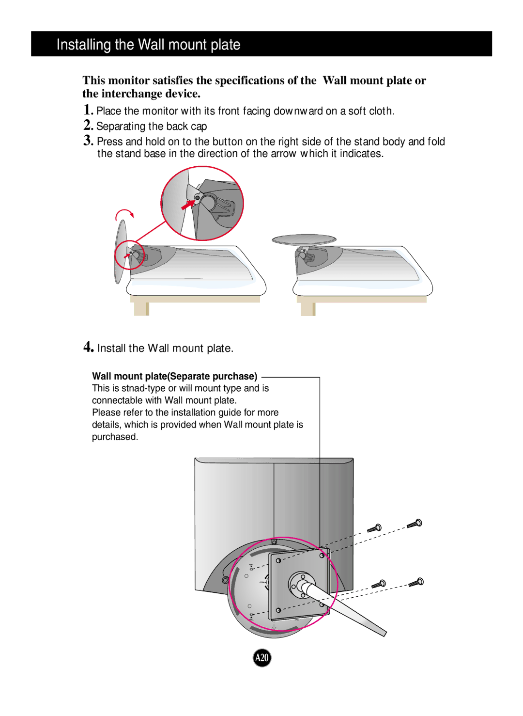 LG Electronics L1760TR, L1760TG, L1760TQ, L1960TR, L1960TQ Installing the Wall mount plate, Wall mount plateSeparate purchase 