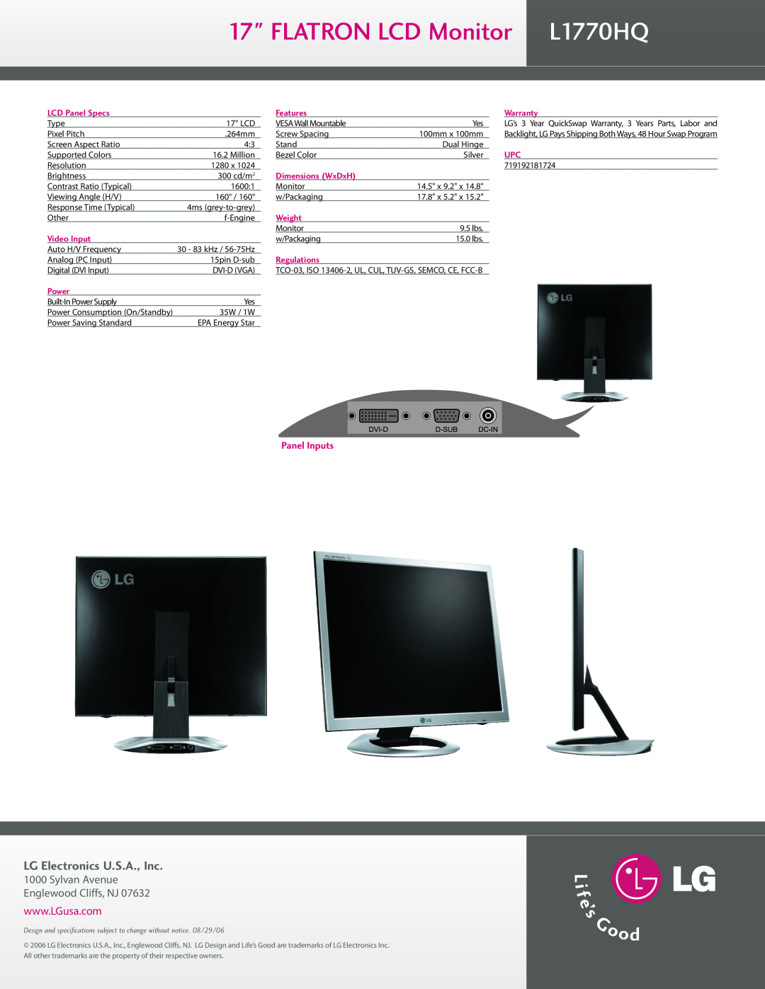 LG Electronics L1770HQ-BF FLATRON LCD Monitor L1770HQ, LG Electronics U.S.A., Inc, Panel Inputs, StandFeatures, Warranty 