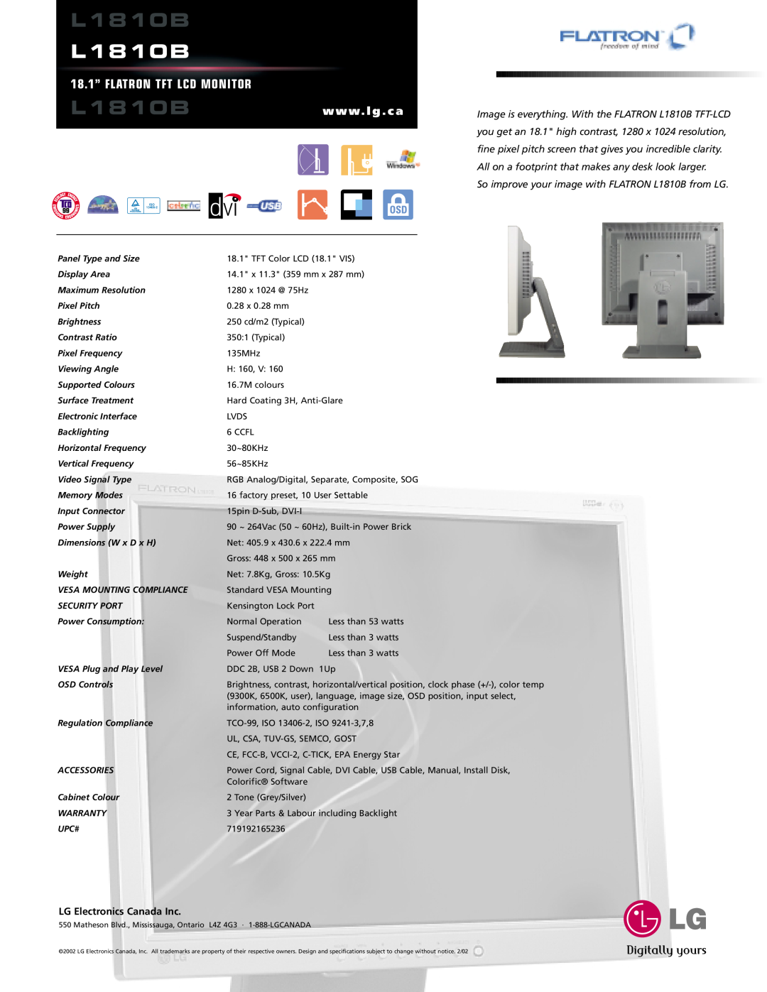 LG Electronics L1810B 18.1” FLATRON TFT LCD MONITOR, w w w. l g . c a, All on a footprint that makes any desk look larger 