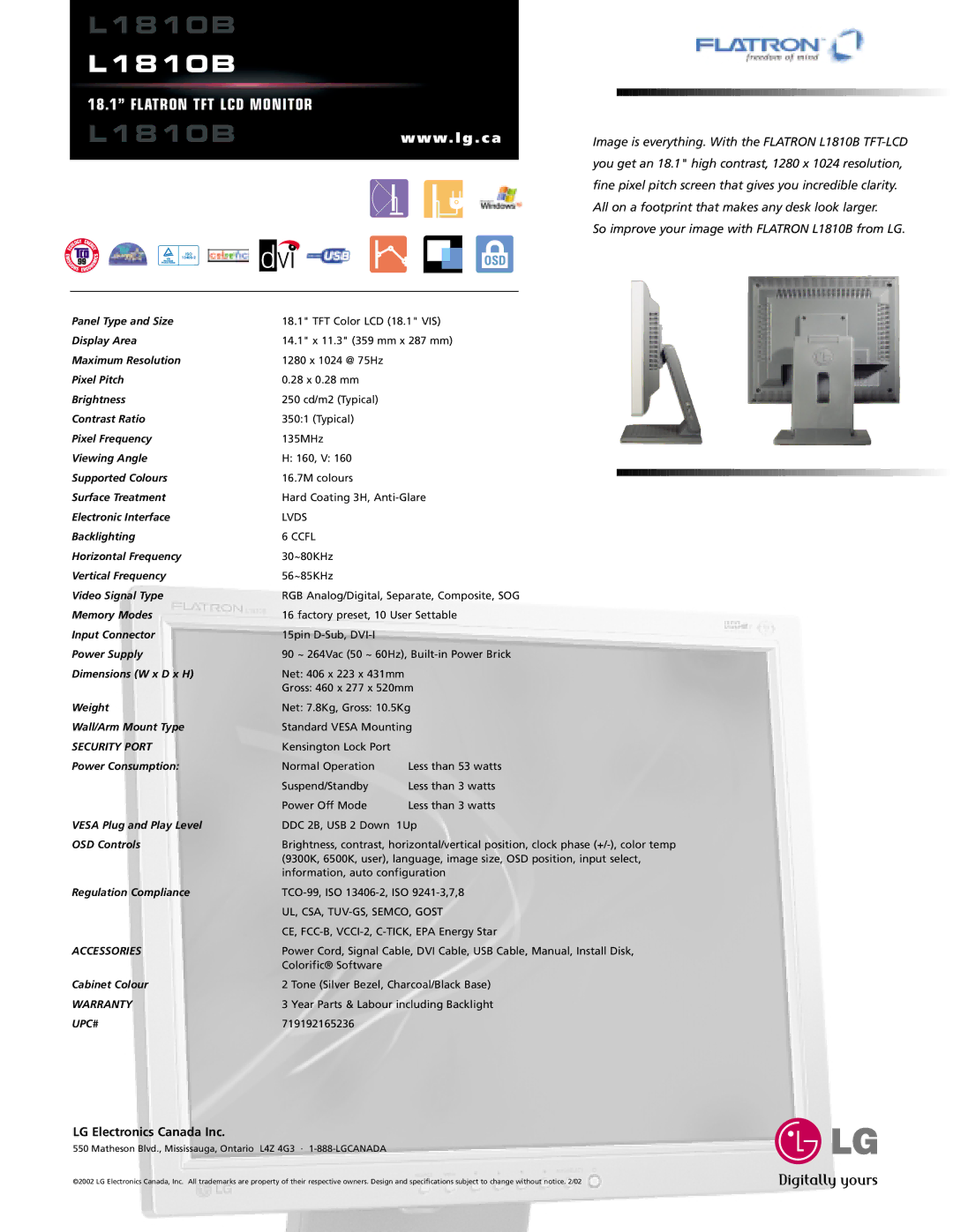 LG Electronics L1810B manual Security Port, Accessories, Warranty, Upc# 