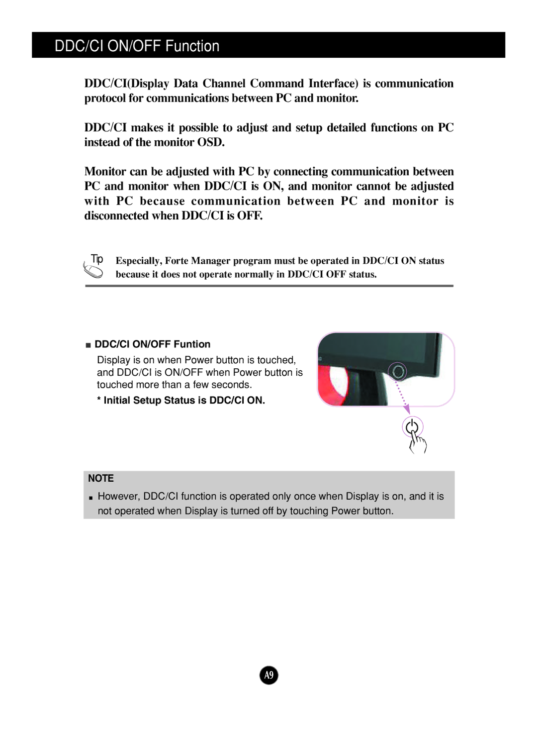 LG Electronics L1900J, L1900R, L1900E manual DDC/CI ON/OFF Function, DDC/CI ON/OFF Funtion, Initial Setup Status is DDC/CI on 