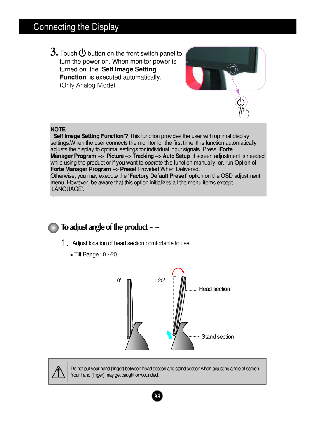 LG Electronics L1900E, L1900R, L1900J manual Connecting the Display, To adjust angle of the product ~ ~ 