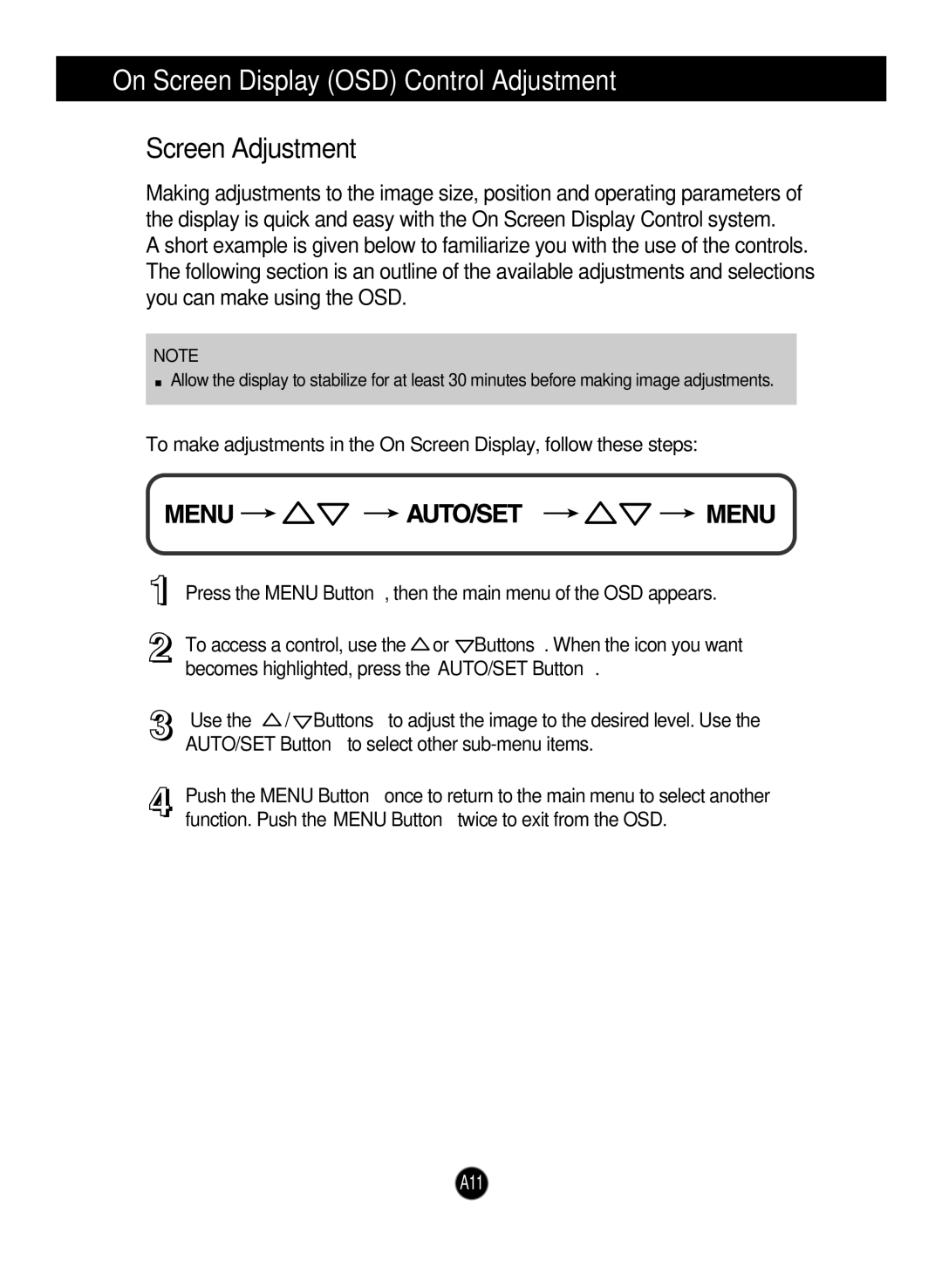 LG Electronics L1919SP, L1719SP manual On Screen Display OSD Control Adjustment, Screen Adjustment 