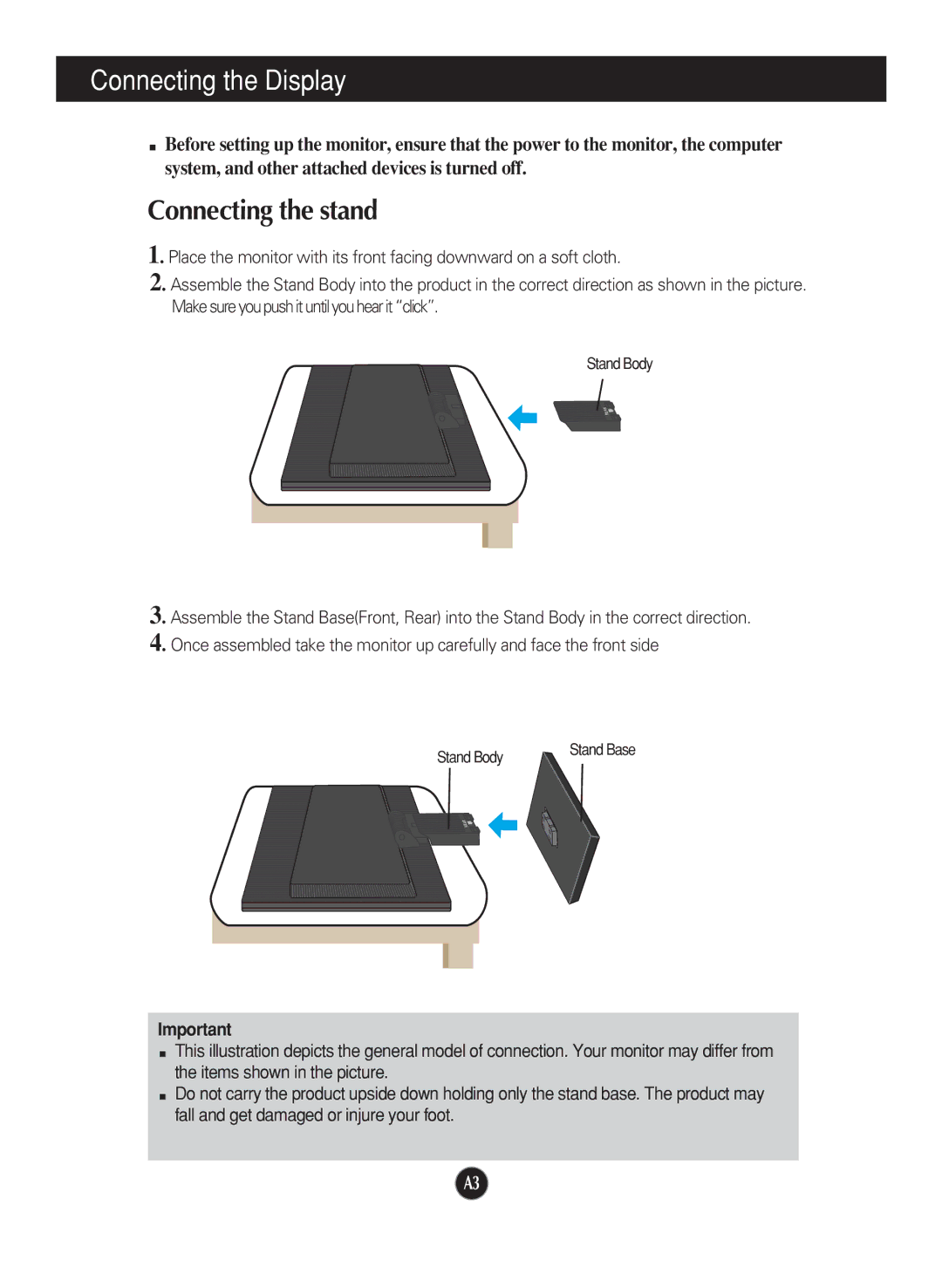 LG Electronics L1919SP, L1719SP manual Connecting the Display, Connecting the stand 