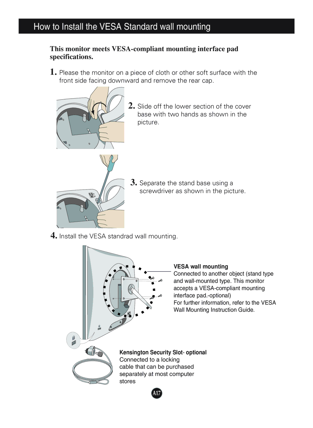 LG Electronics L1920P manual How to Install the Vesa Standard wall mounting, Vesa wall mounting 