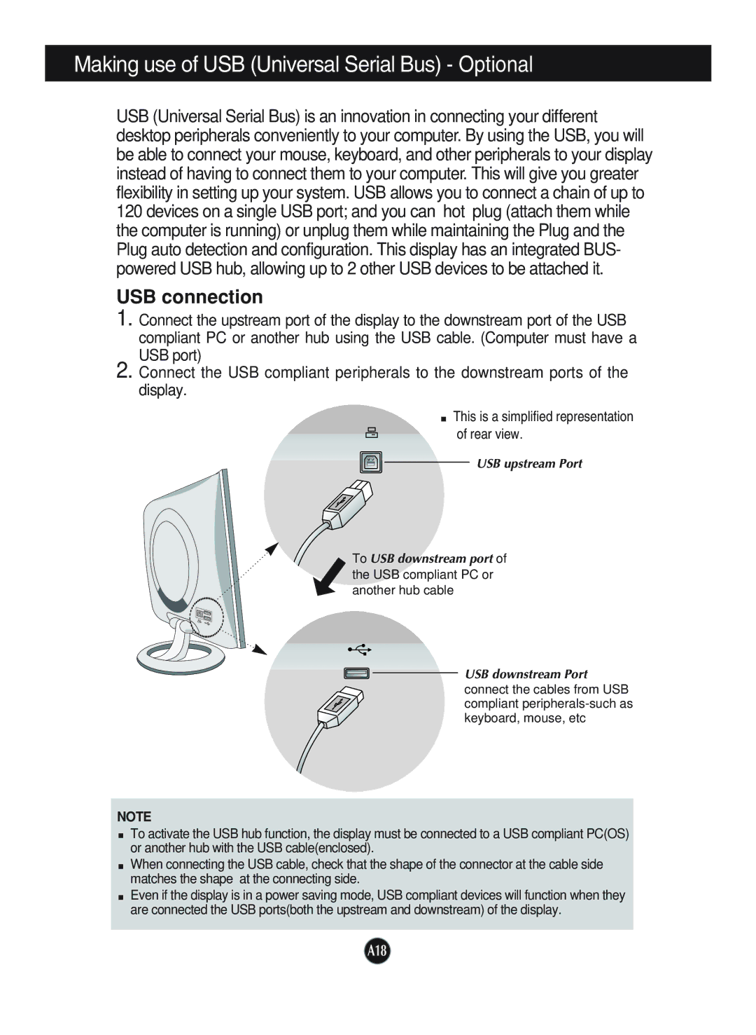 LG Electronics L1920P manual Making use of USB Universal Serial Bus Optional, USB connection 