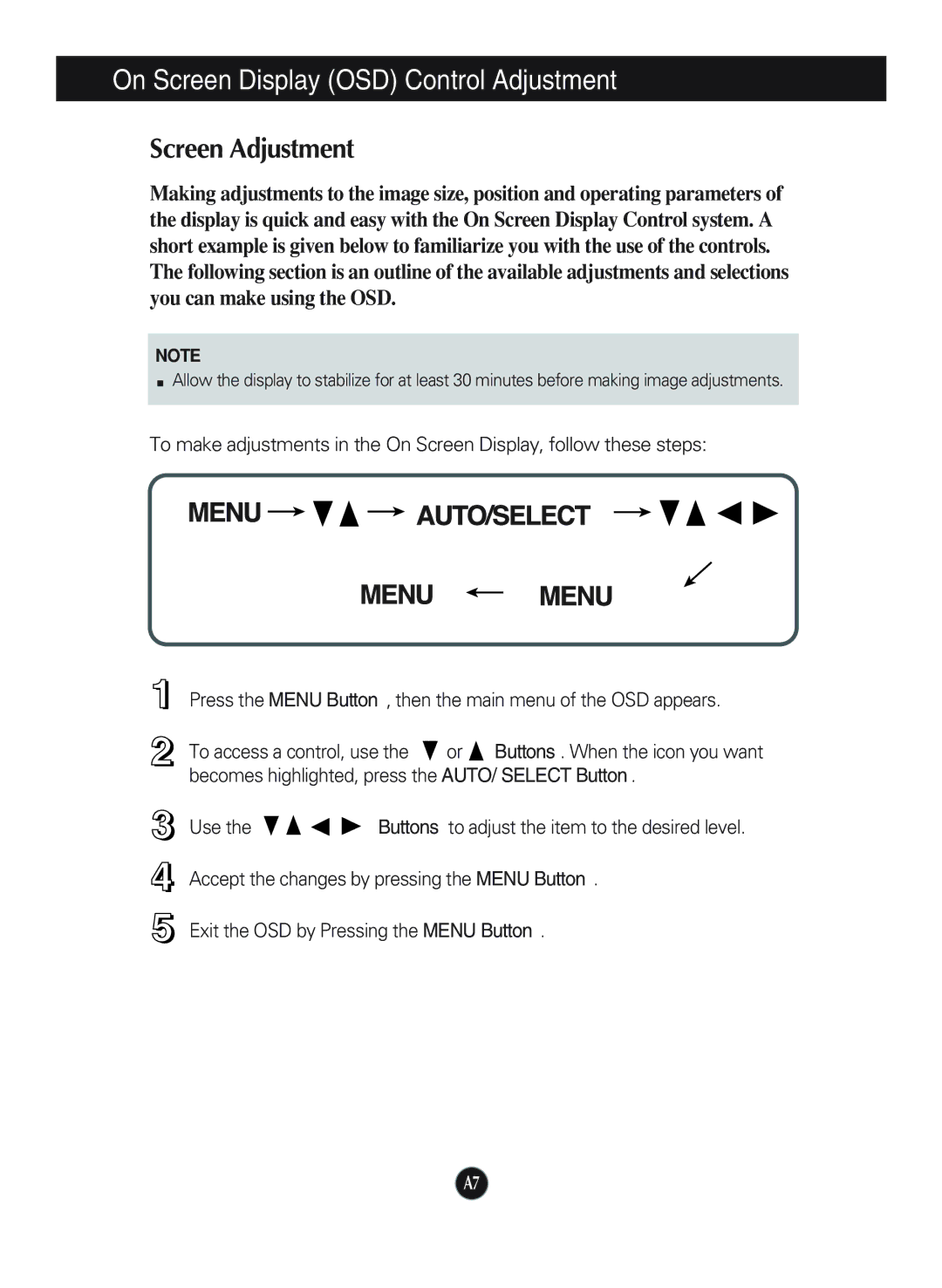 LG Electronics L1920P manual On Screen Display OSD Control Adjustment, Screen Adjustment 