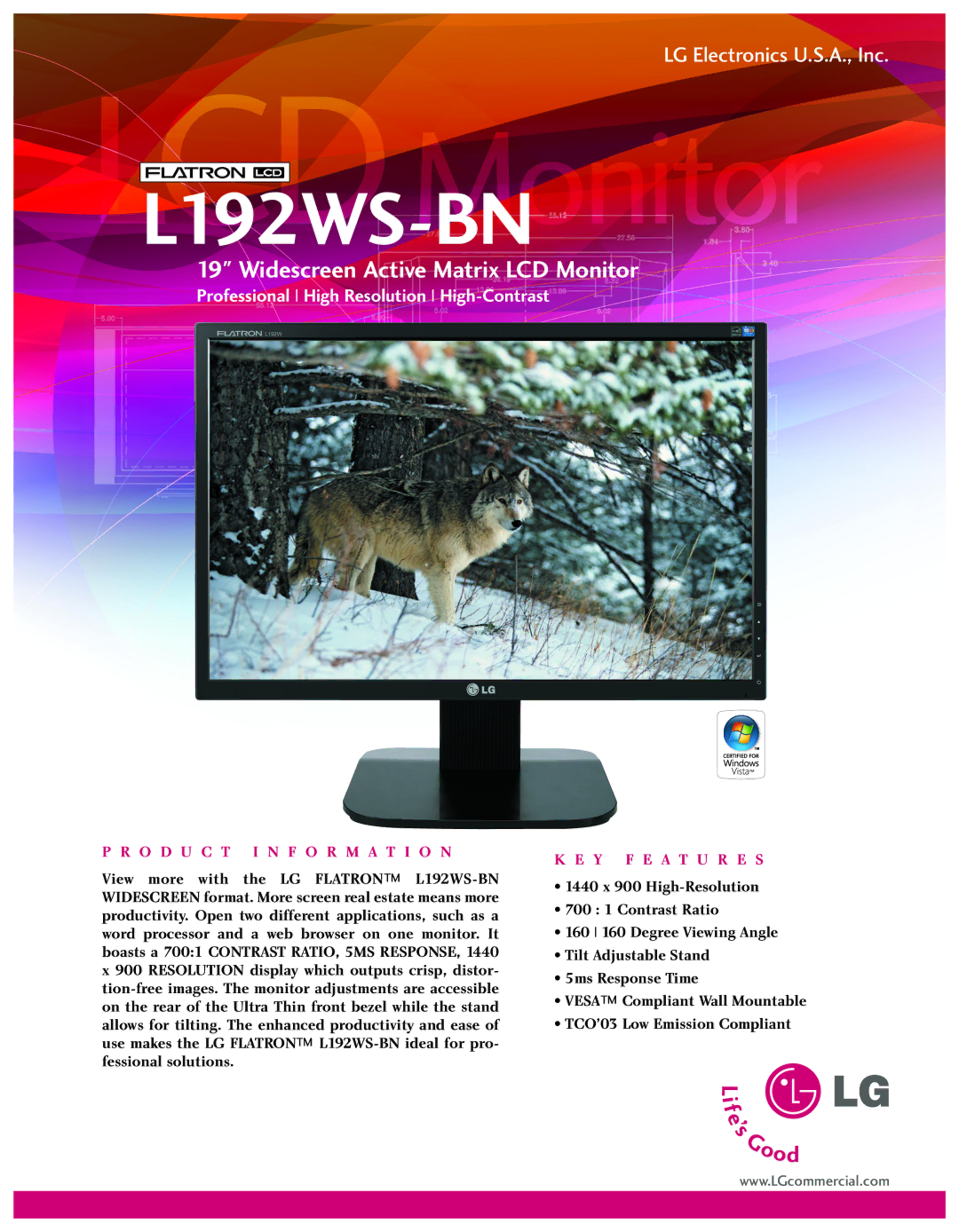 LG Electronics L192WS-BN manual O D U C T I N F O R M a T I O N, Y F E a T U R E S 