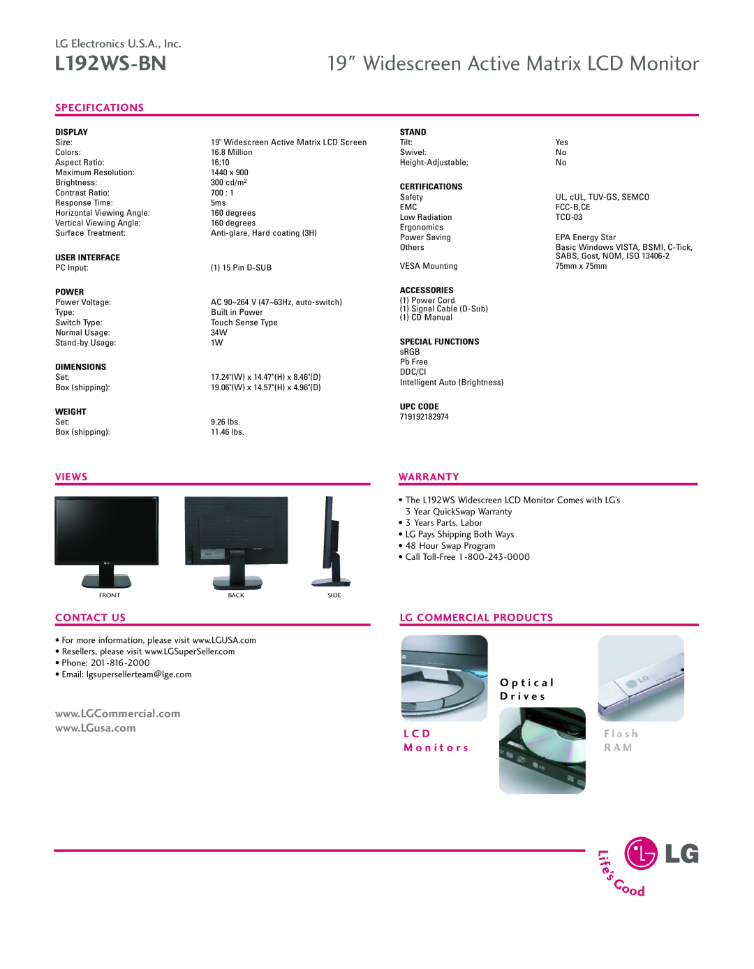 LG Electronics L192WS-BN manual Specifications, Views Warranty, Contact US, LG Commercial Products 