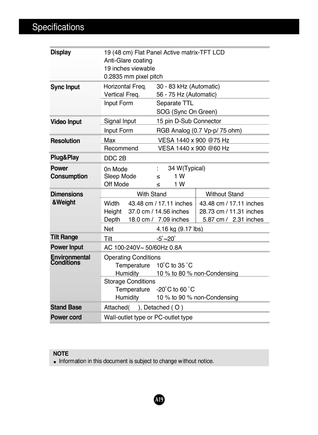 LG Electronics L192WS manual Specifications 