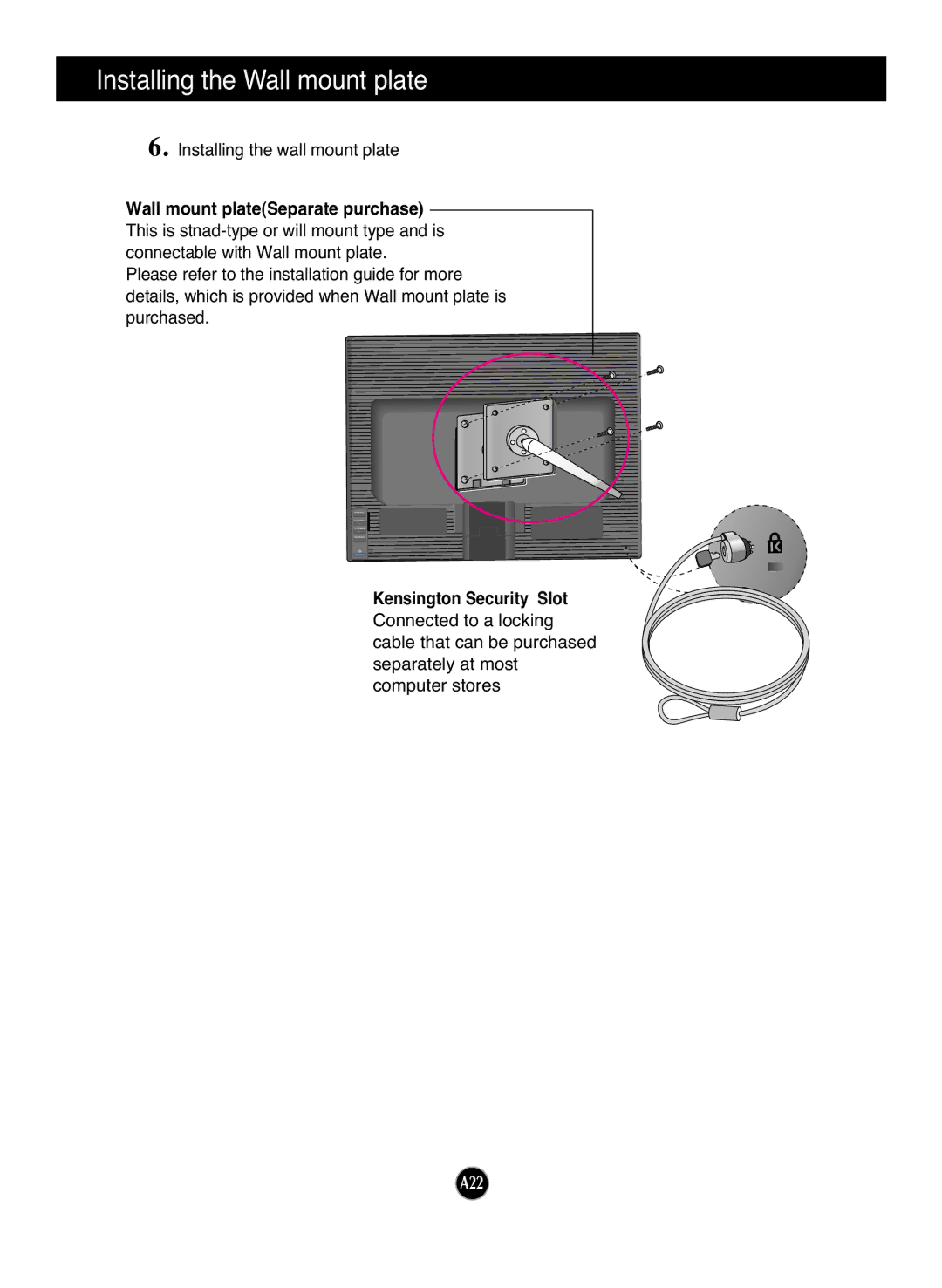 LG Electronics L192WS manual Wall mount plateSeparate purchase, Kensington Security Slot 