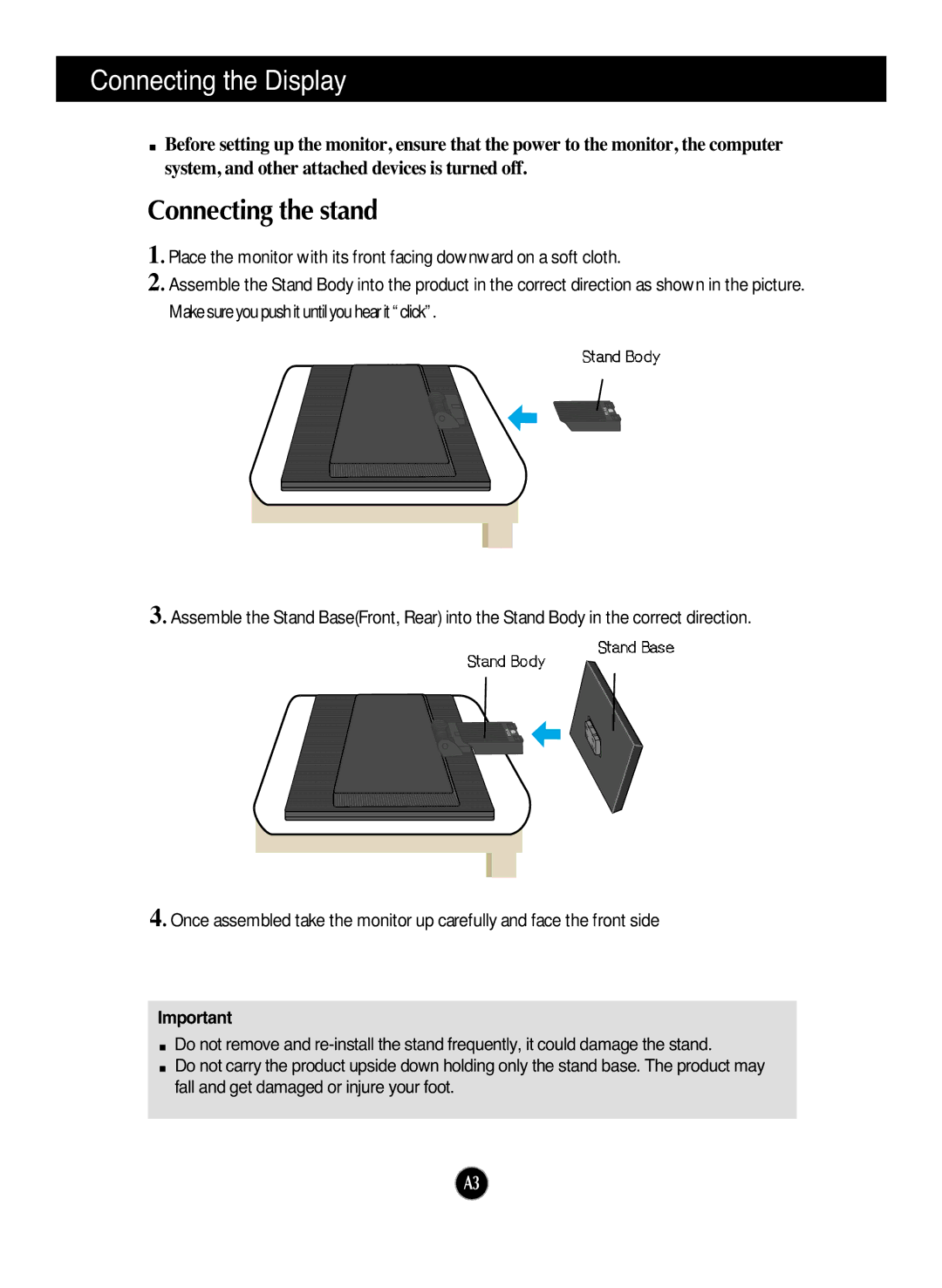 LG Electronics L192WS manual Connecting the Display, Connecting the stand 