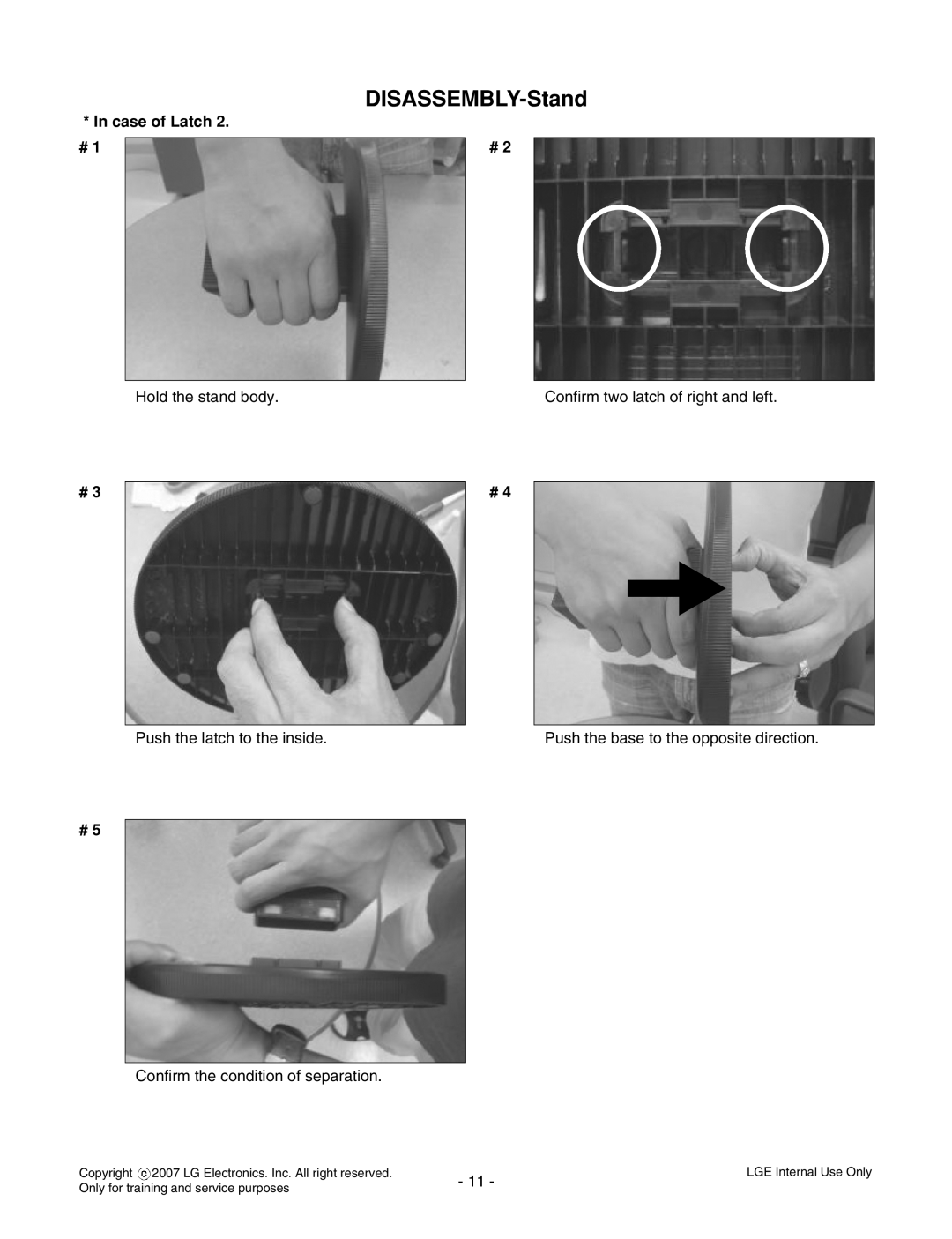 LG Electronics L1733TR In case of Latch #1, DISASSEMBLY-Stand, Hold the stand body, Confirm two latch of right and left 