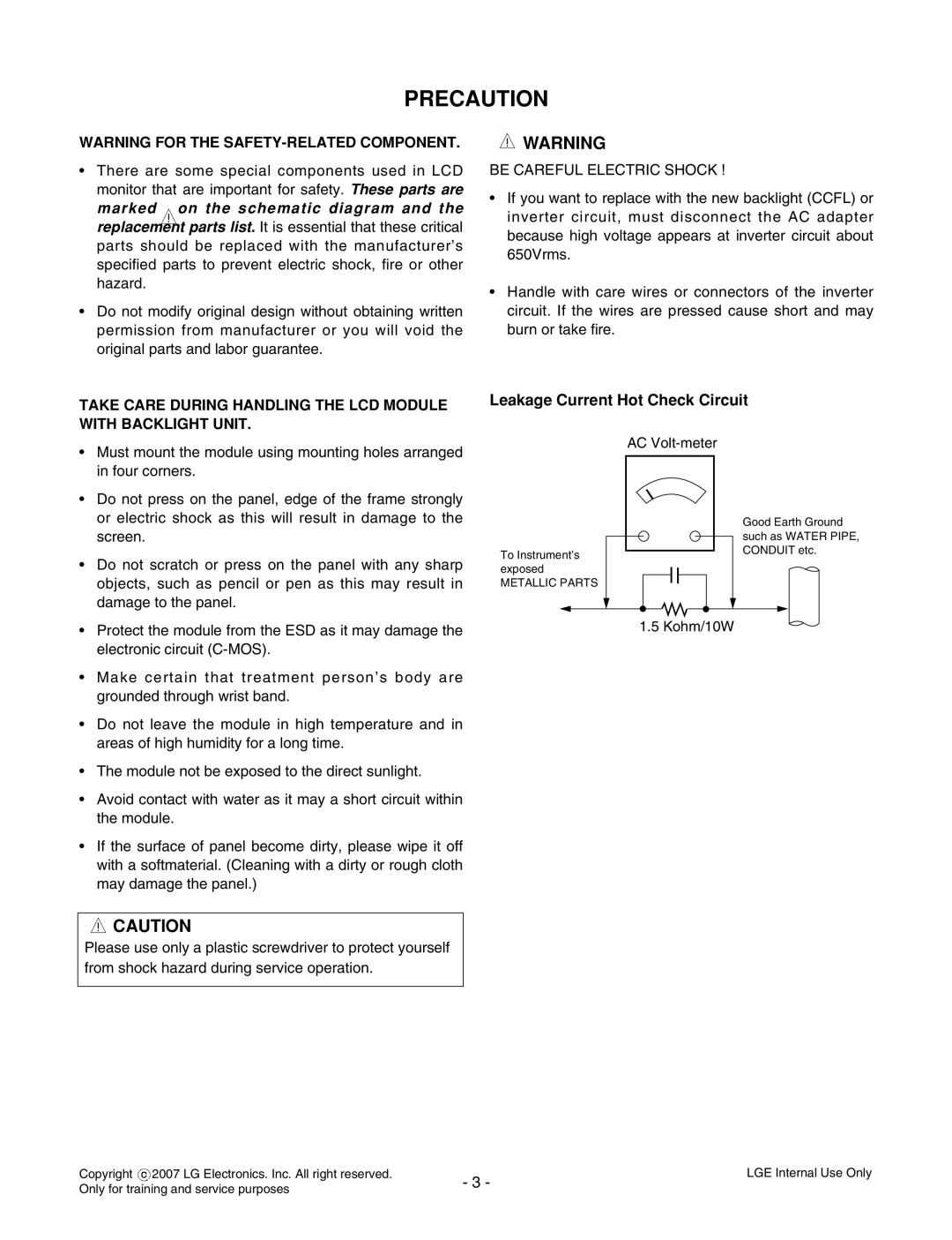 LG Electronics L1733TR Precaution, Warning For The Safety-Relatedcomponent, marked on the schematic diagram and the 