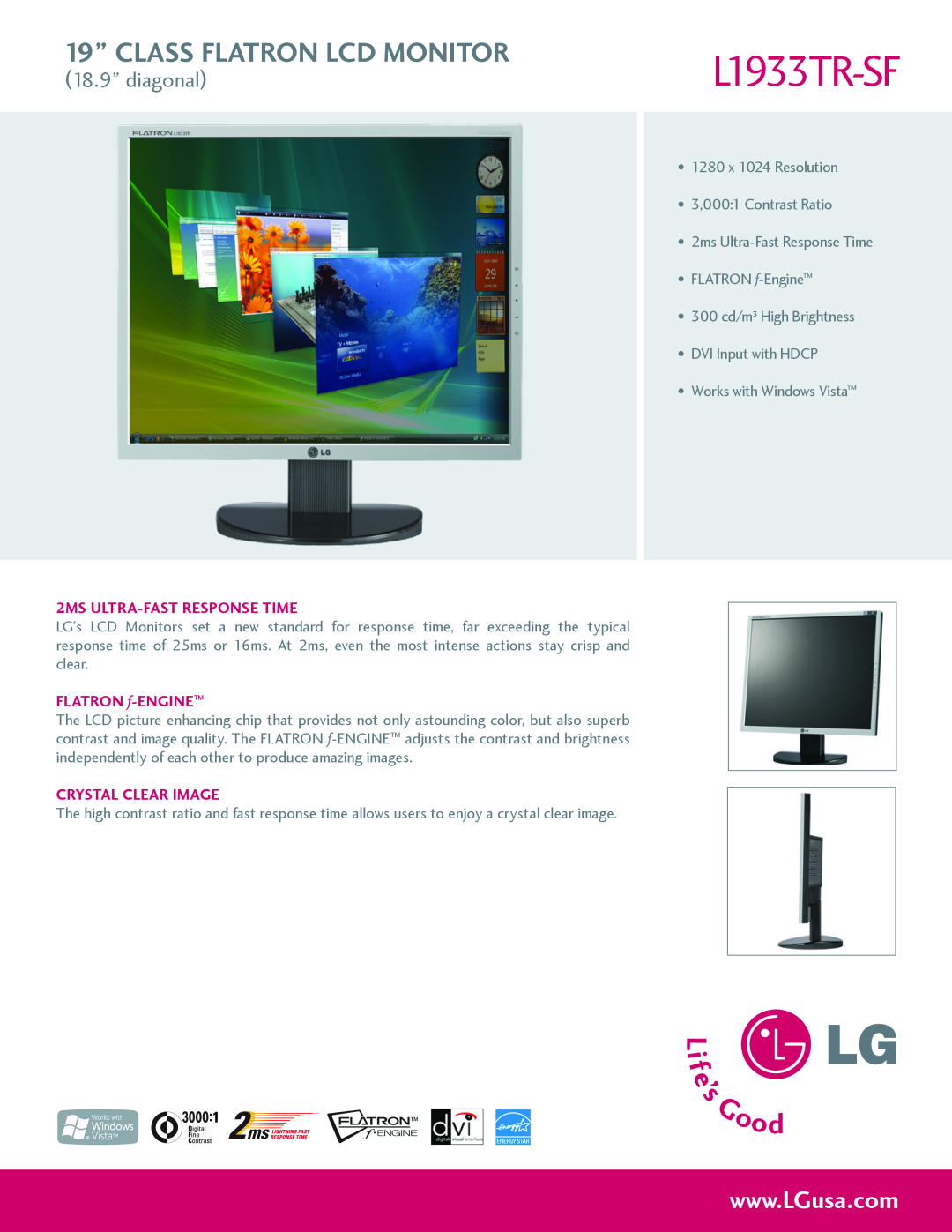 LG Electronics L1933TR-SF manual 19” CLASS FLATRON LCD MONITOR, 18.9” diagonal, 2MS ULTRA-FAST RESPONSE TIME 