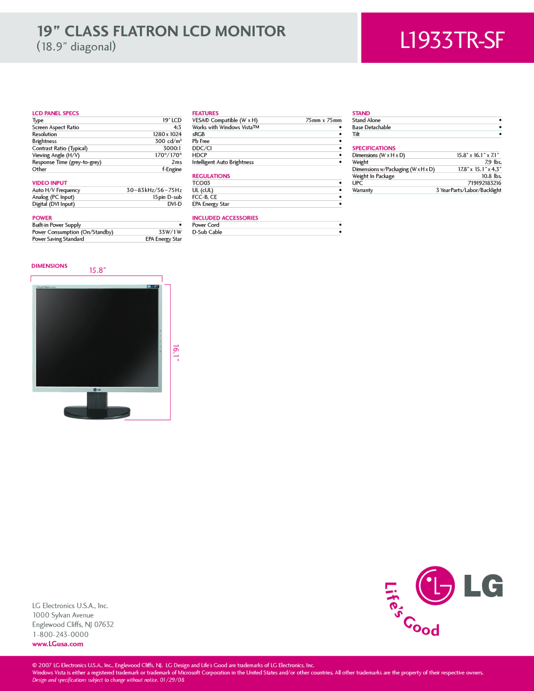 LG Electronics L1933TR-SF LCD Panel Specs Features Stand, Regulations, Video Input, Power Included Accessories, Dimensions 