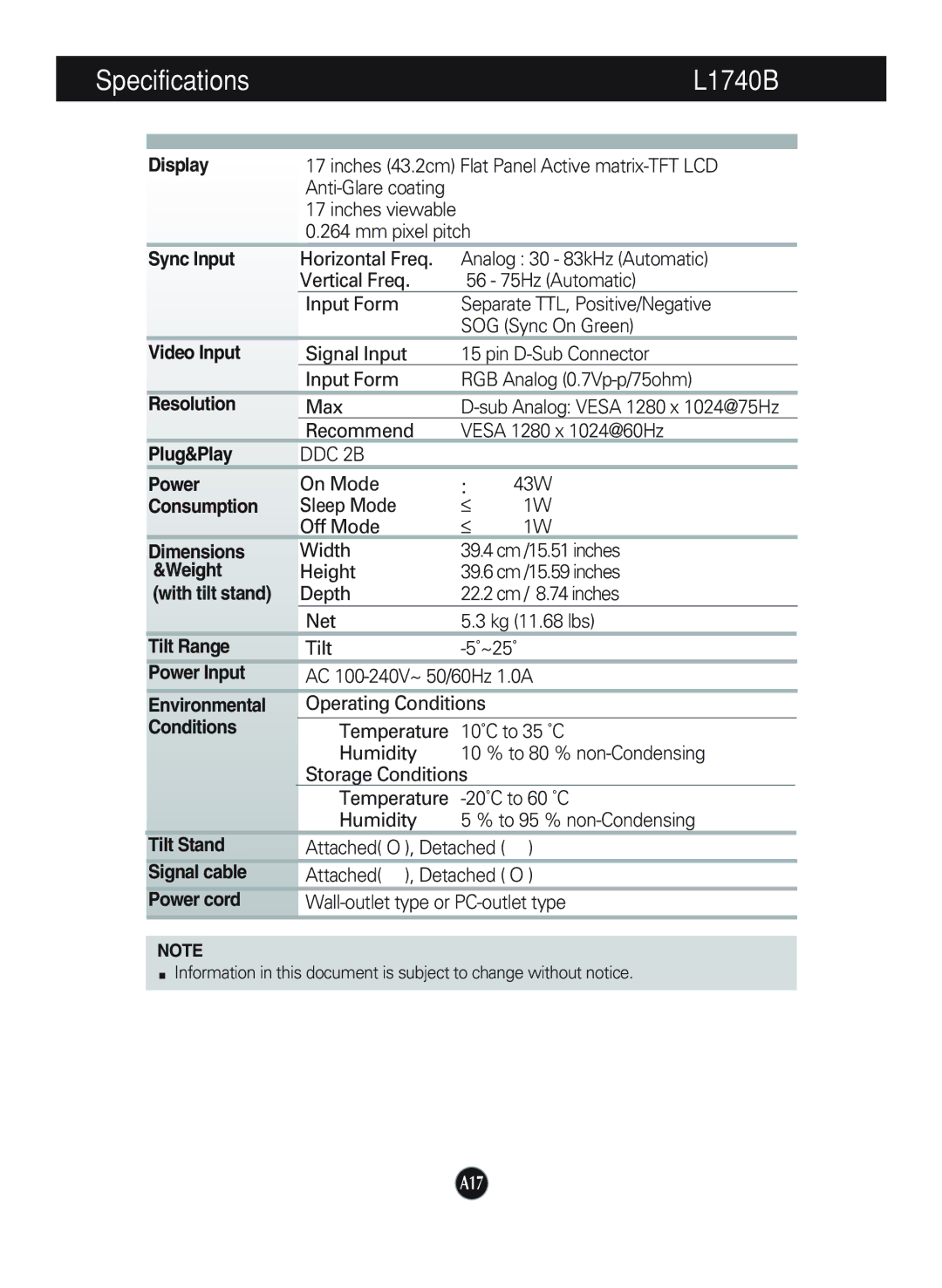 LG Electronics L1940B manual Specifications L1740B 