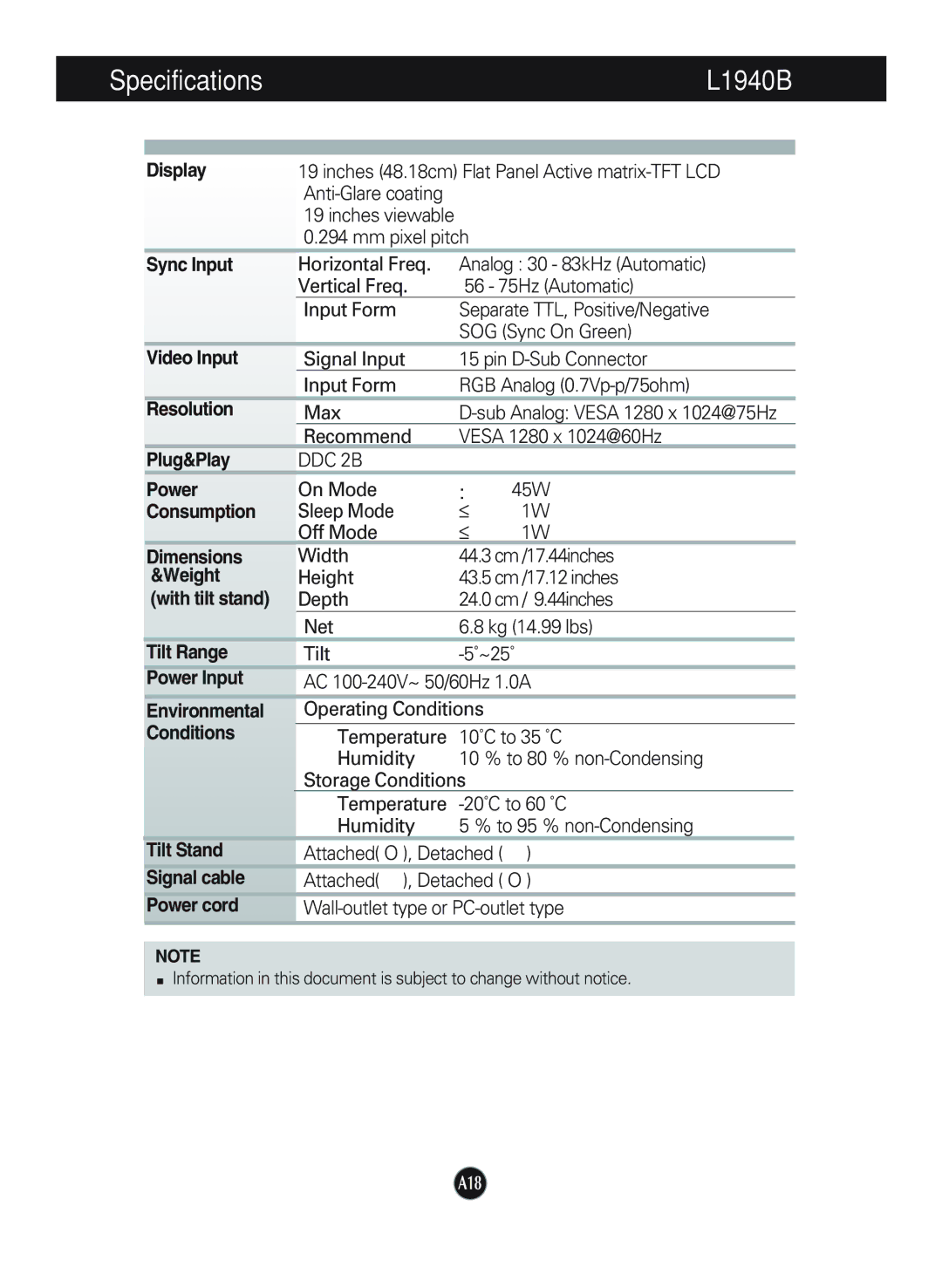 LG Electronics L1740B manual Specifications L1940B 