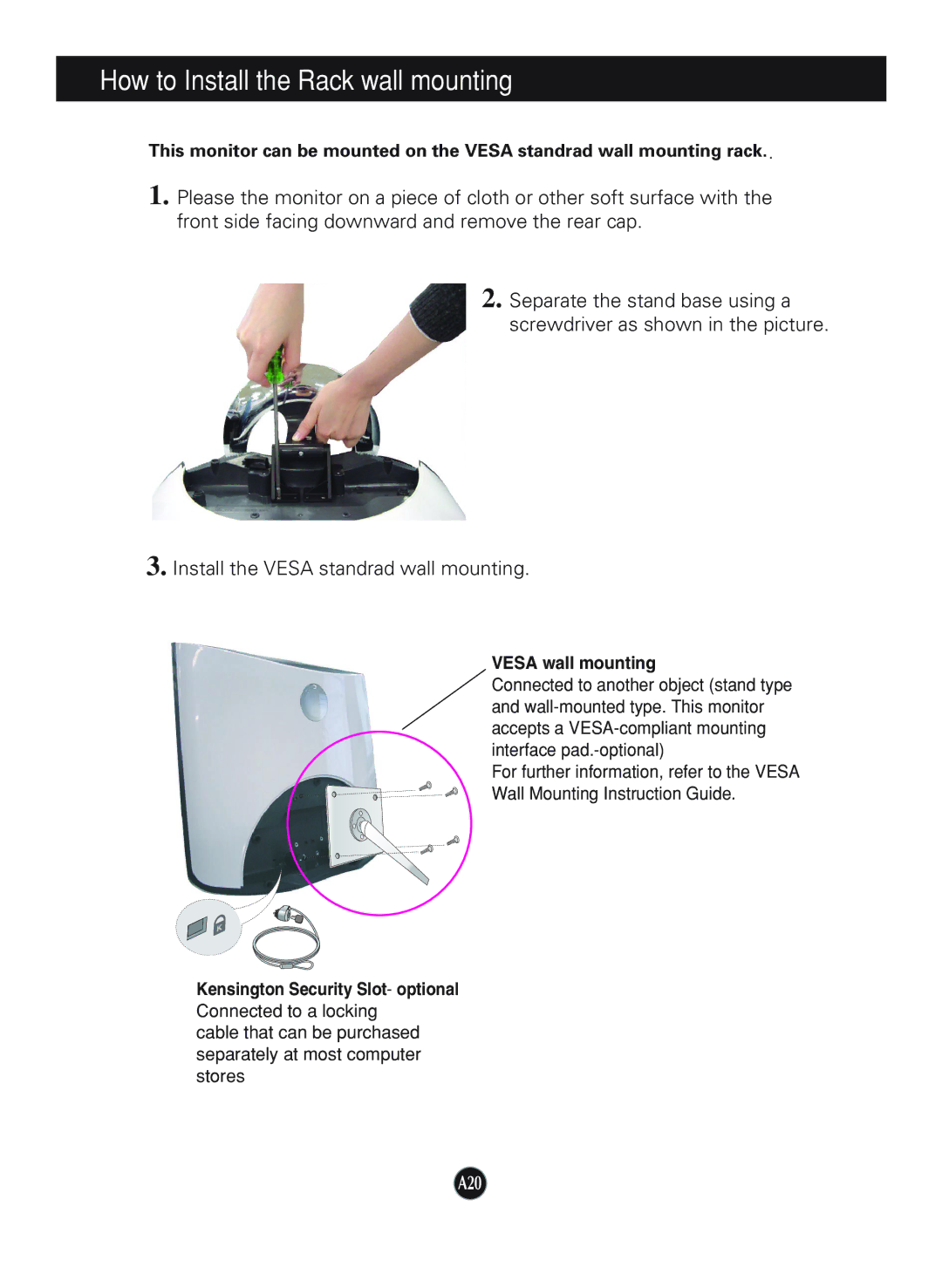 LG Electronics L1740B, L1940B manual How to Install the Rack wall mounting, Vesa wall mounting 