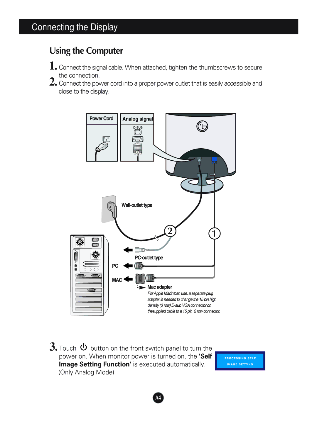 LG Electronics L1740B, L1940B manual Wall-outlet type PC-outlet type MAC Mac adapter 