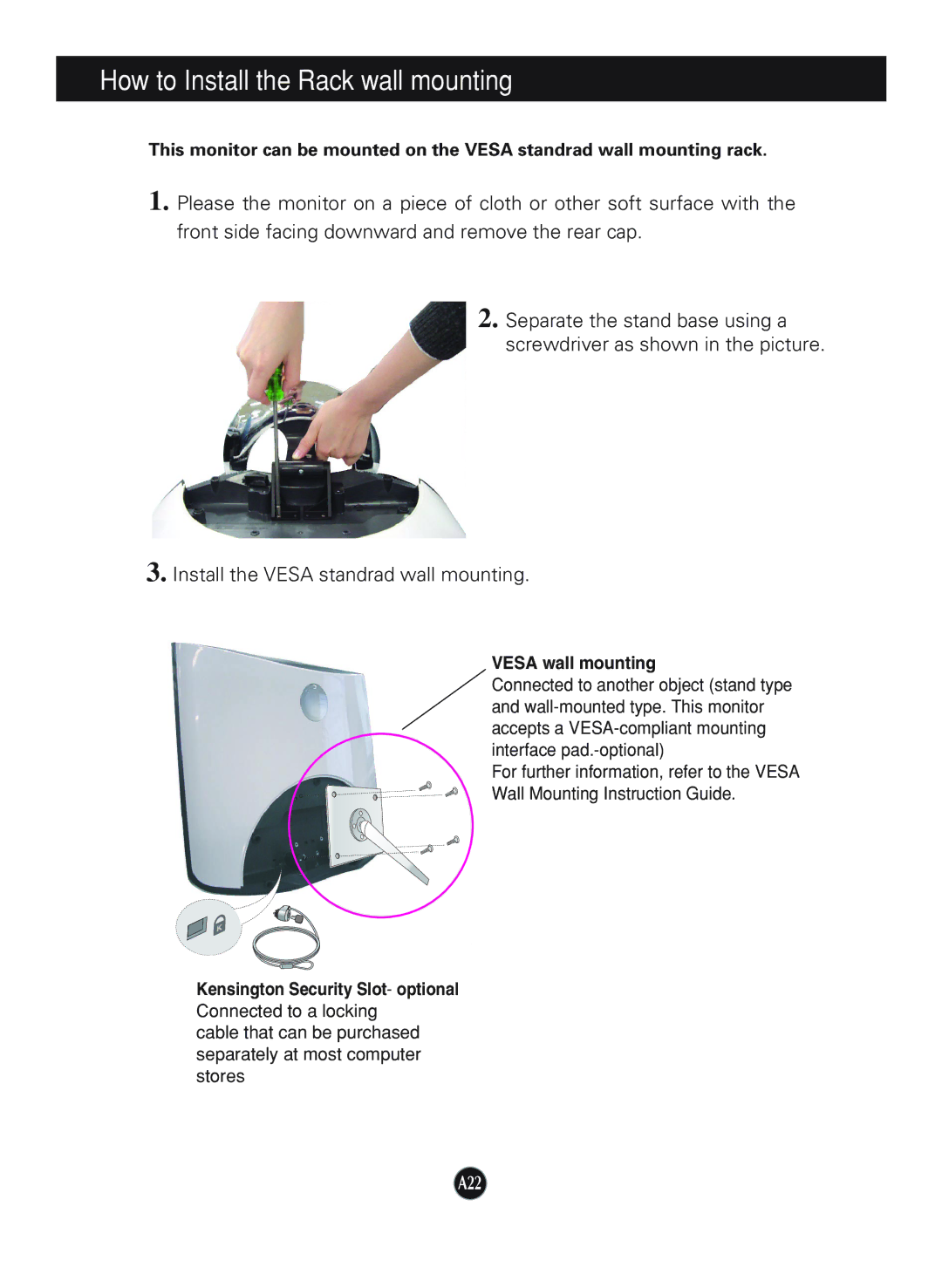 LG Electronics L1740P manual How to Install the Rack wall mounting, Vesa wall mounting, Kensington Security Slot- optional 