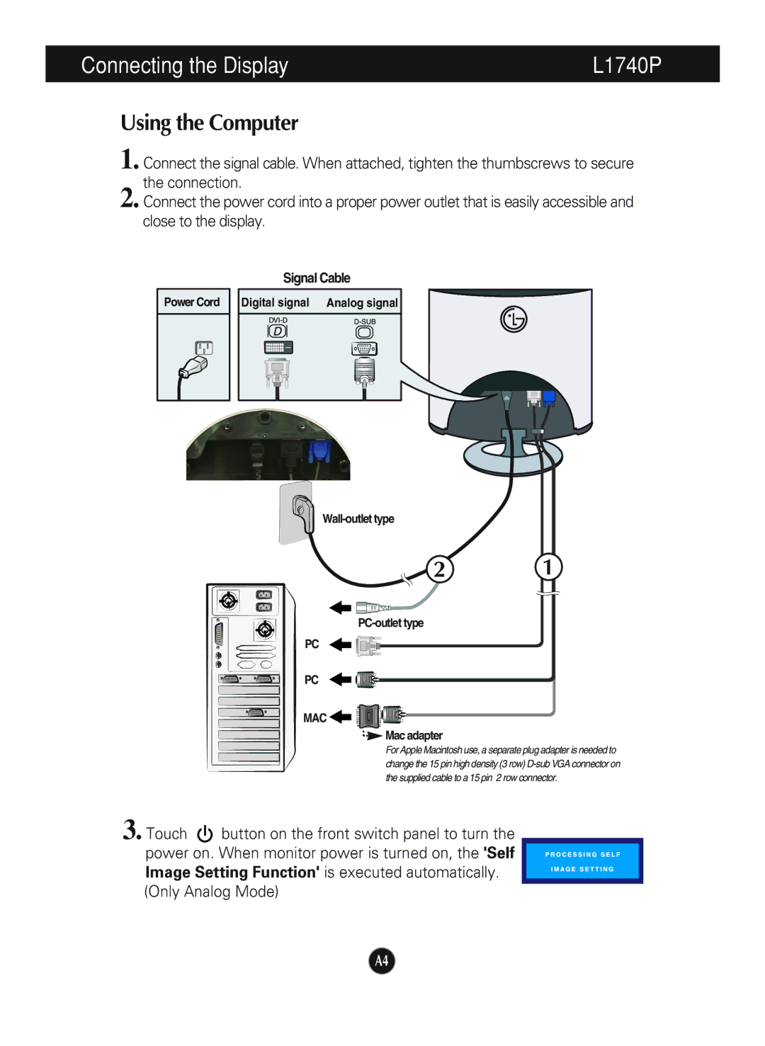 LG Electronics L1940P manual Connecting the Display L1740P, Signal Cable 