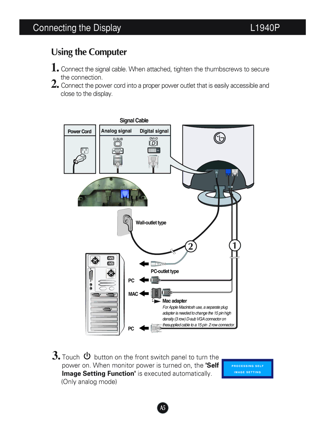 LG Electronics L1740P manual Connecting the Display L1940P 