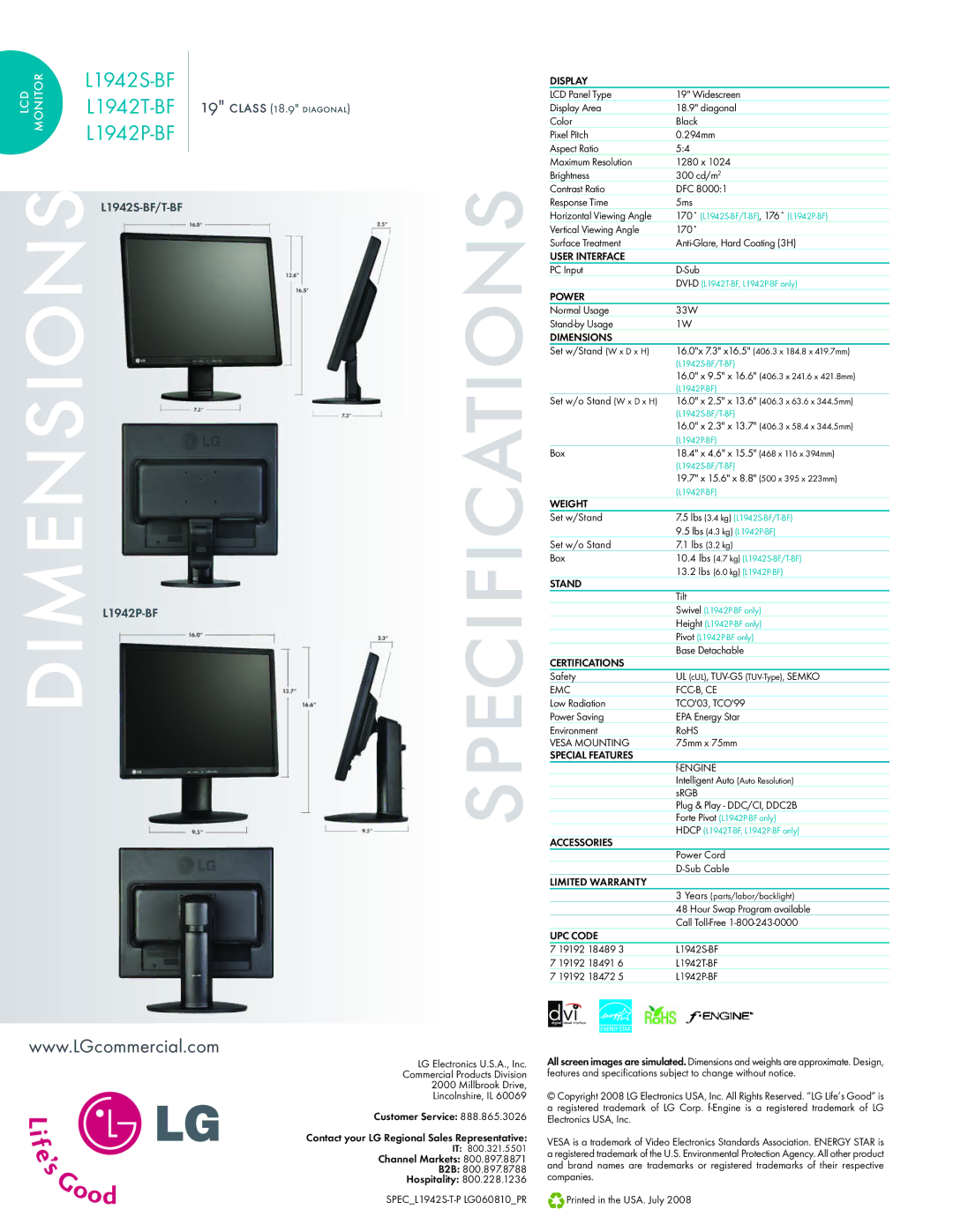 LG Electronics L1942T-BF Display, User Interface, Power, Dimensions, Weight, Stand, Certifications, Special Features 