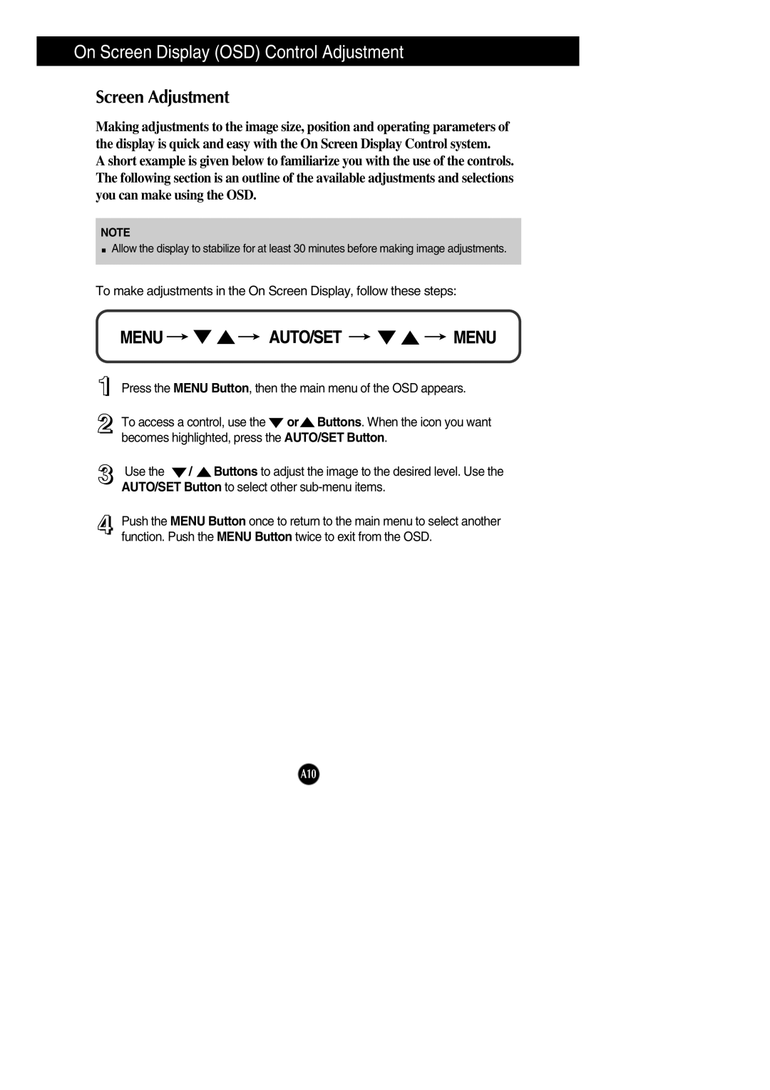 LG Electronics L1742PE, L1942PE manual On Screen Display OSD Control Adjustment, Screen Adjustment 