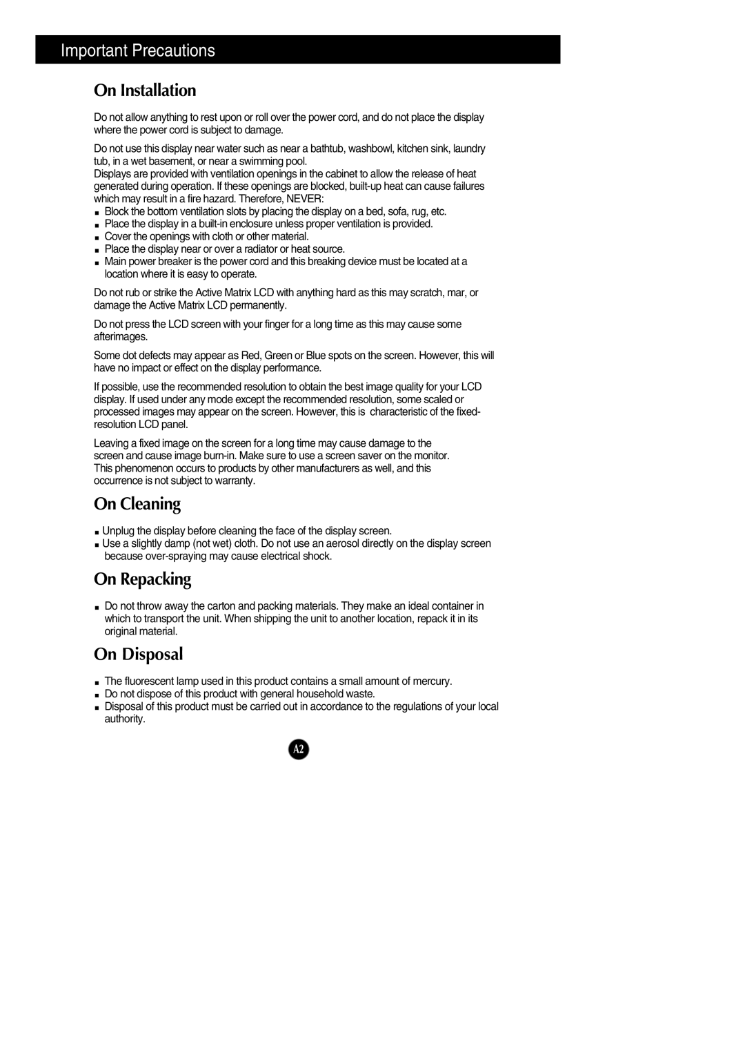 LG Electronics L1742PE, L1942PE manual On Installation, On Cleaning, On Repacking, On Disposal 