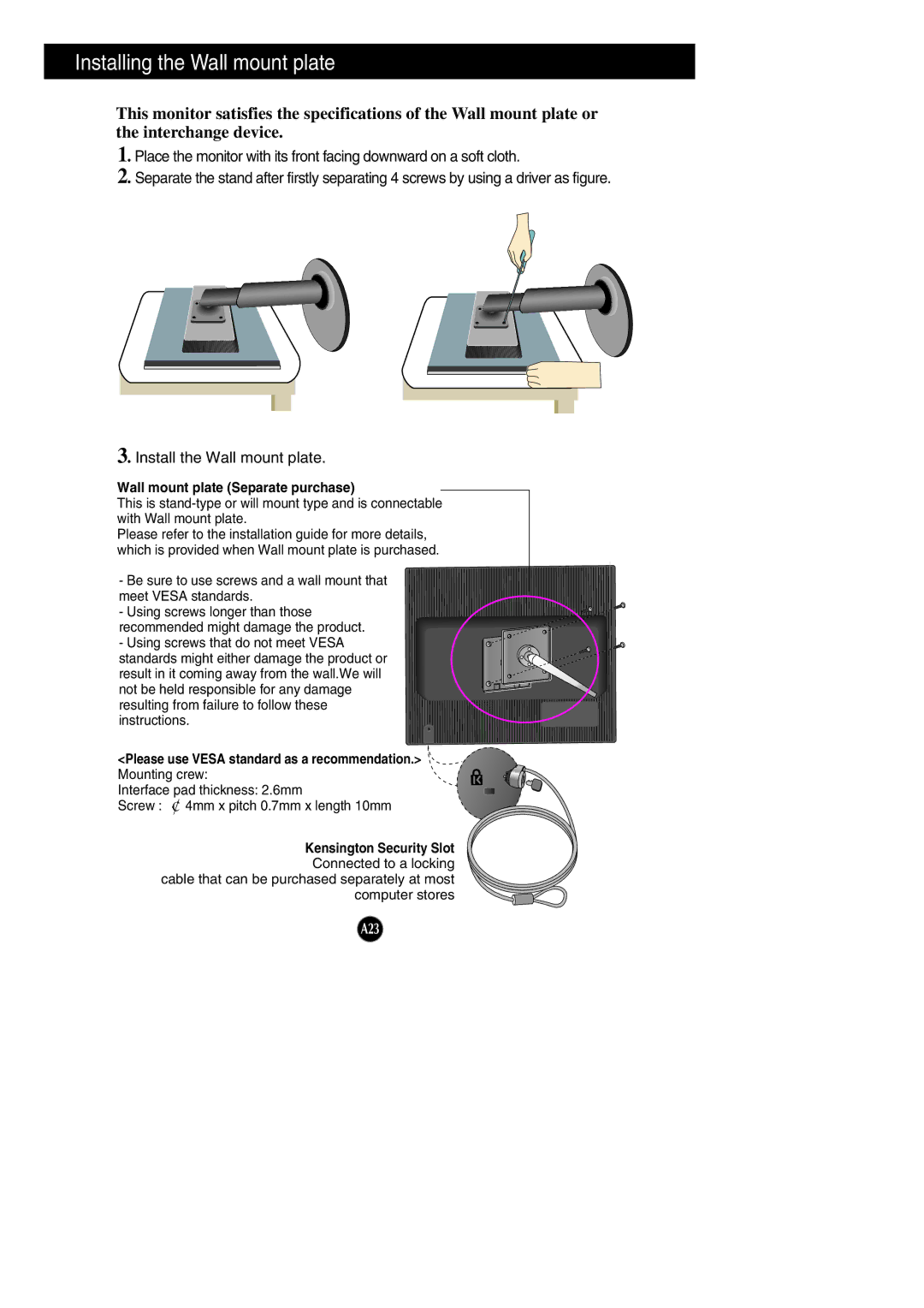 LG Electronics L1942PE, L1742PE manual Installing the Wall mount plate, Wall mount plate Separate purchase 