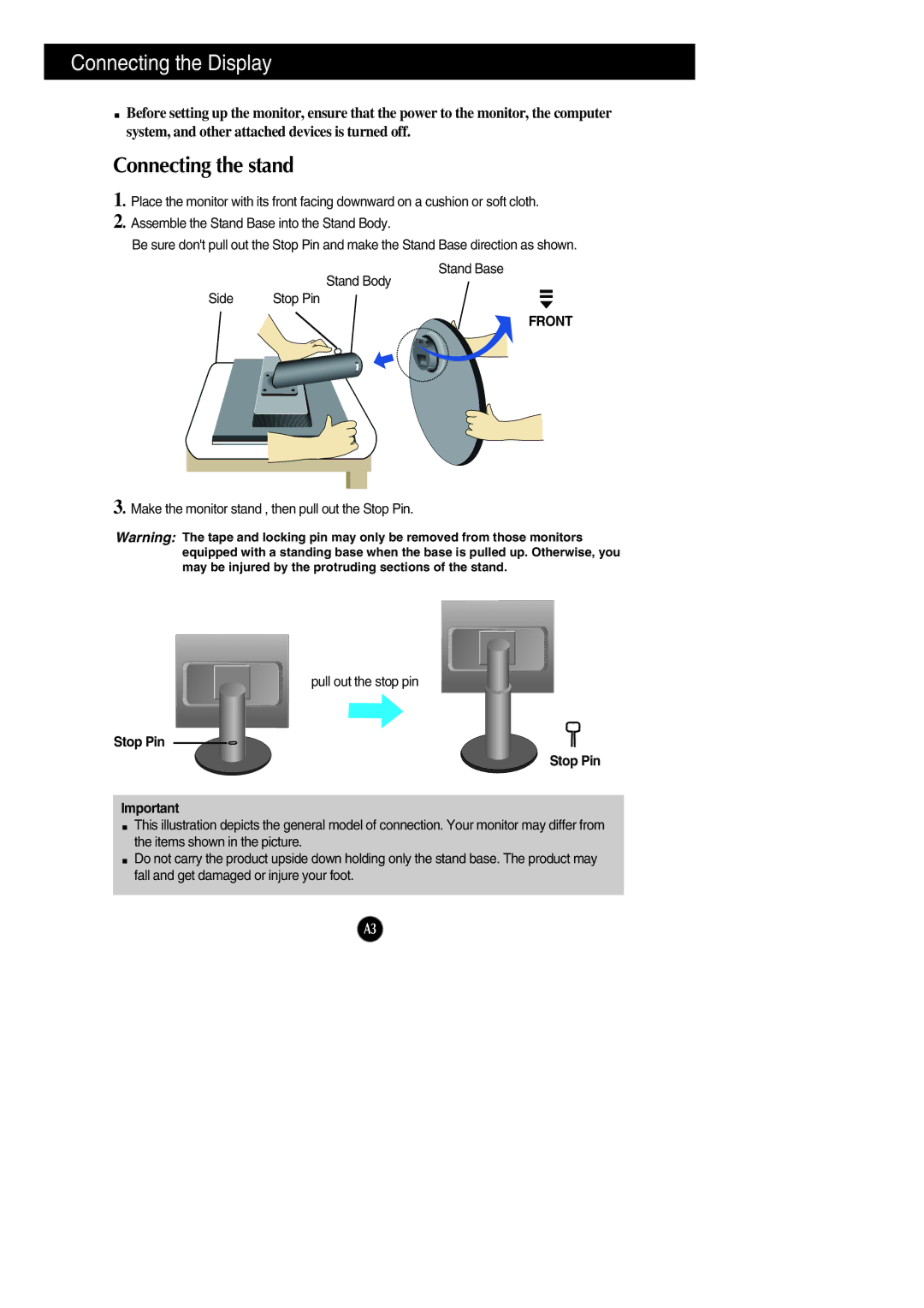 LG Electronics L1942PE, L1742PE manual Connecting the Display, Connecting the stand, Front, Stop Pin Stop Pin 