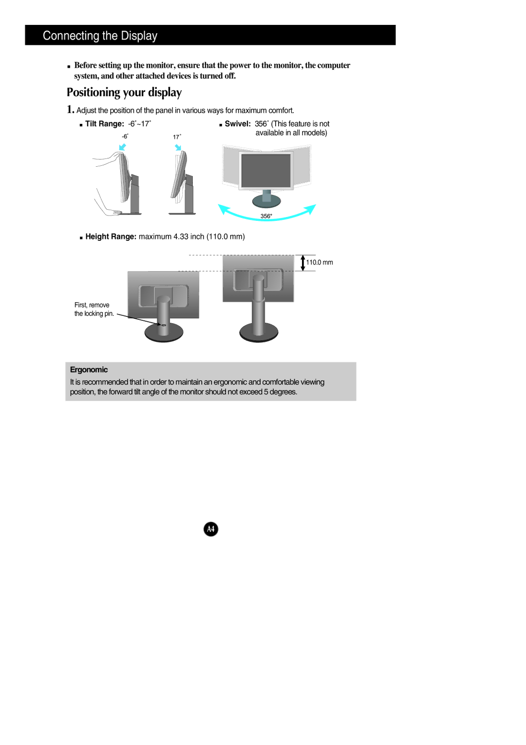 LG Electronics L1742PE, L1942PE manual Positioning your display, Tilt Range -6˚~17˚, Ergonomic 