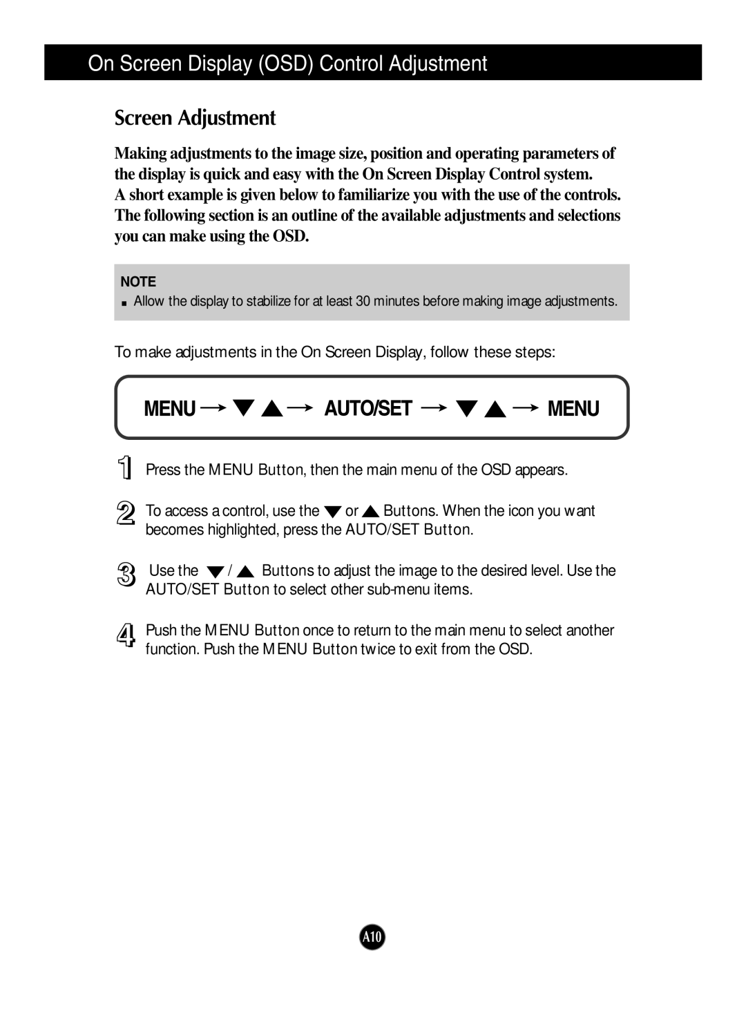 LG Electronics L1742S, L1942S manual On Screen Display OSD Control Adjustment, Screen Adjustment 