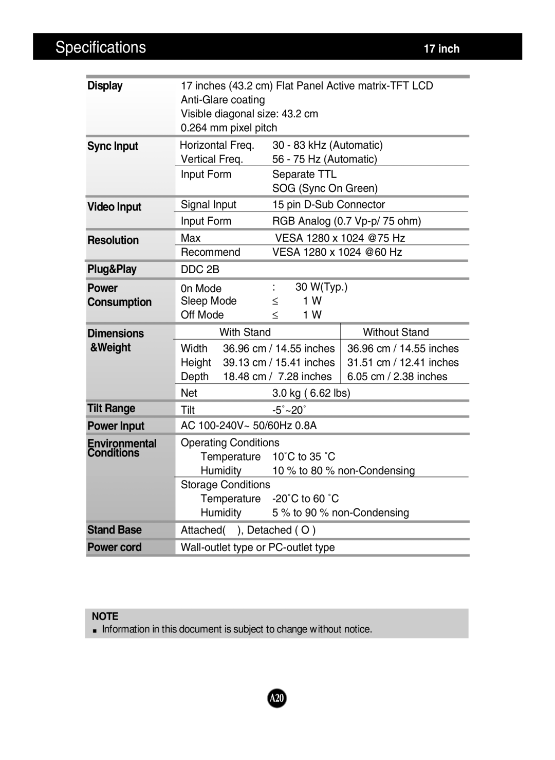 LG Electronics L1742S, L1942S manual Specifications 