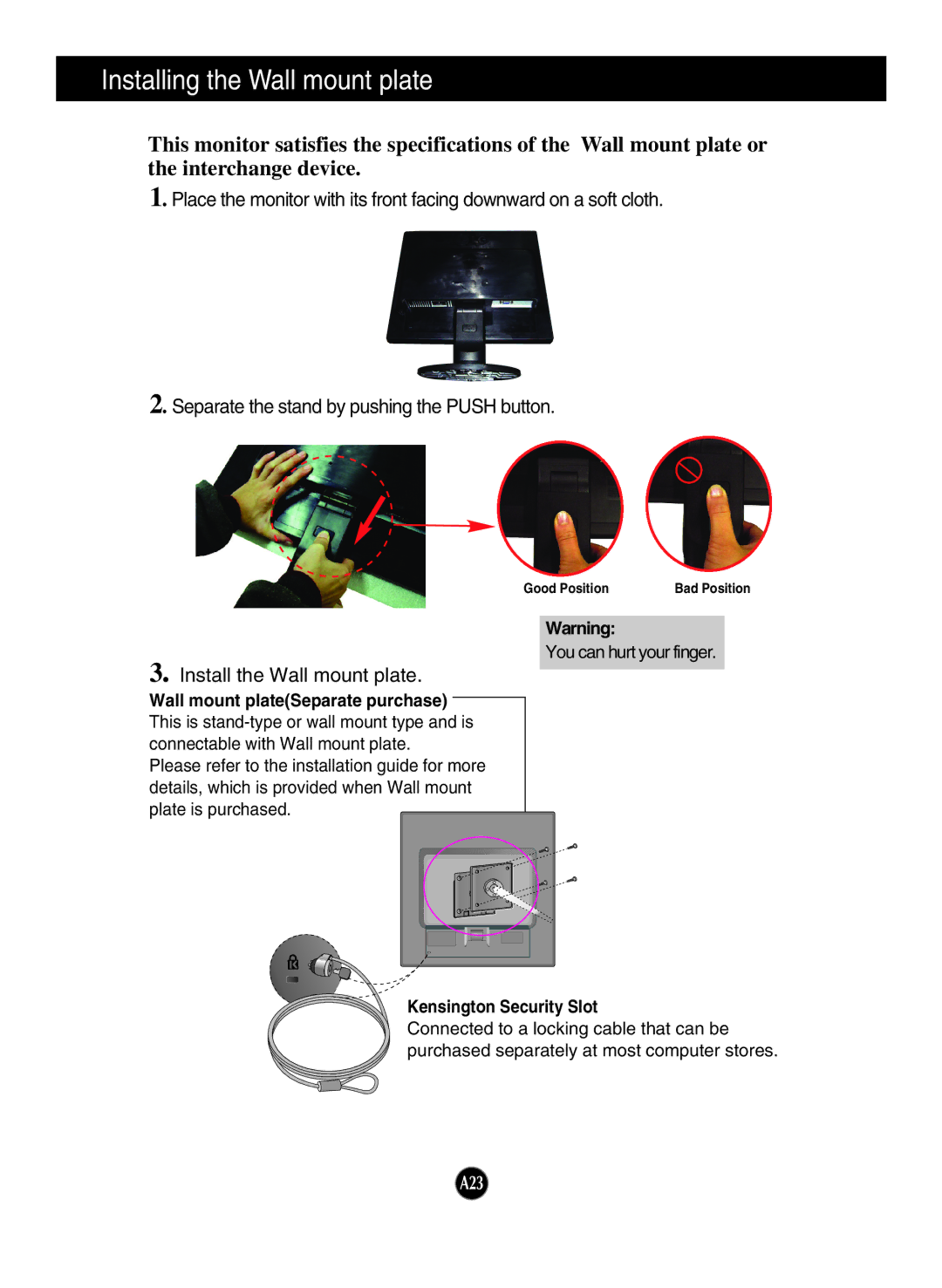 LG Electronics L1942S, L1742S Installing the Wall mount plate, Wall mount plateSeparate purchase, Kensington Security Slot 